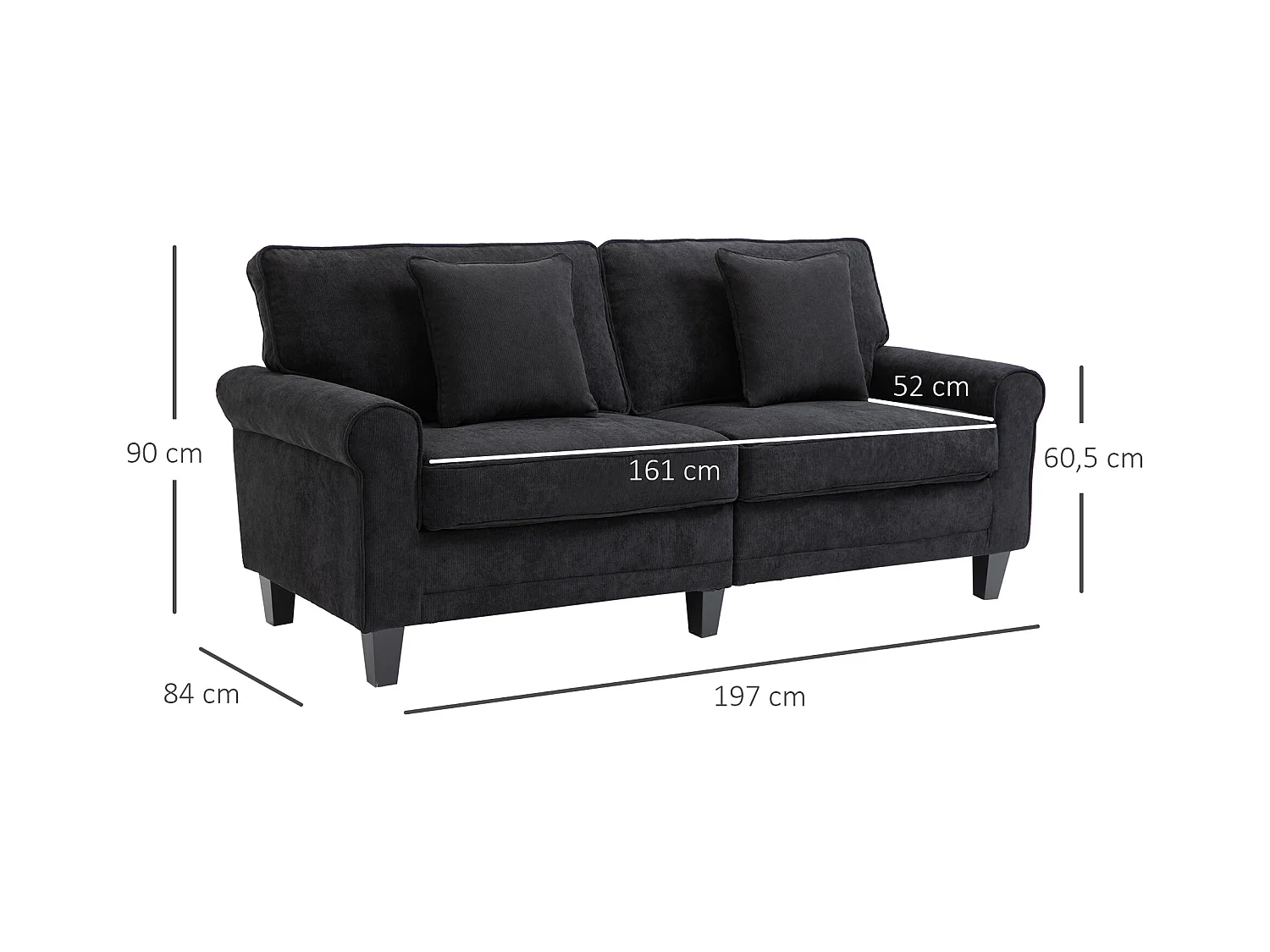 Canapé 3 places dim. 197L x 84P x 90H cm coussin déco. inclus pieds bois massif pin tissu aspect velours côtelé noir