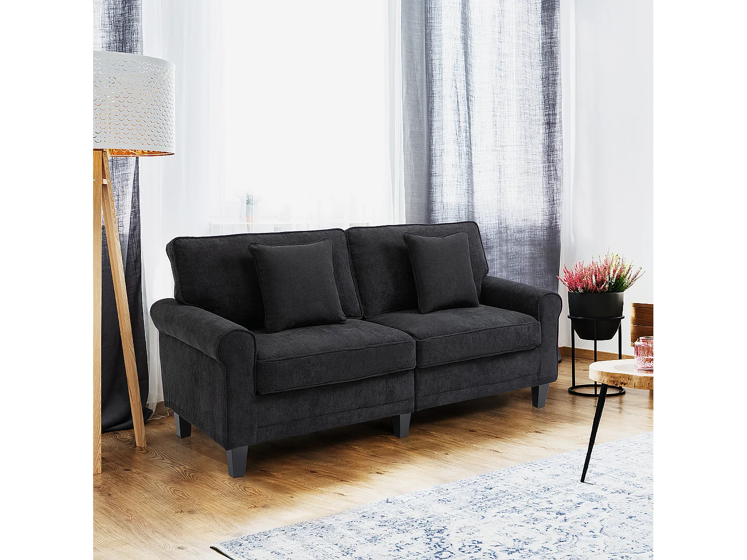 Canapé 3 places dim. 197L x 84P x 90H cm coussin déco. inclus pieds bois massif pin tissu aspect velours côtelé noir