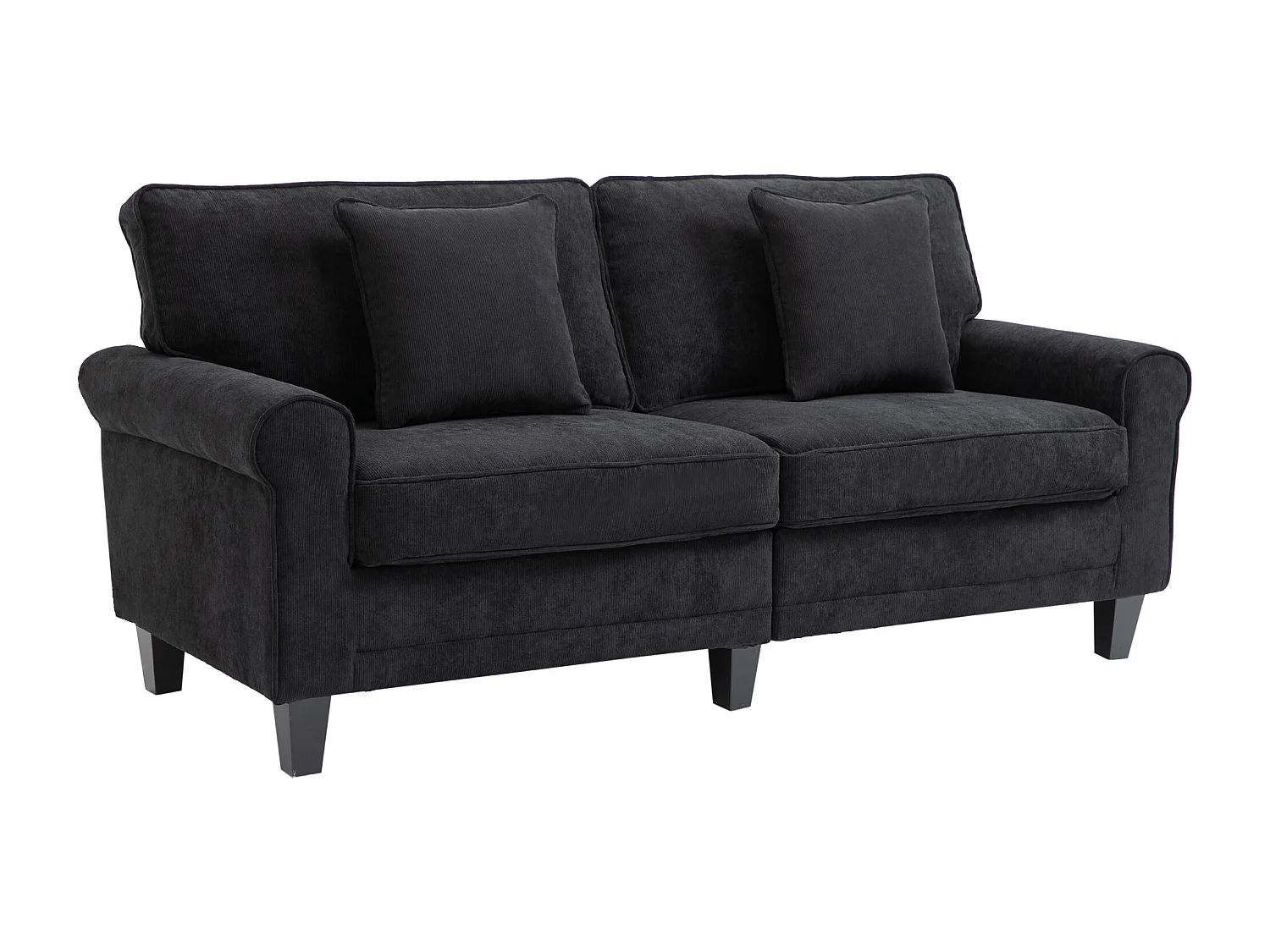 Canapé 3 places dim. 197L x 84P x 90H cm coussin déco. inclus pieds bois massif pin tissu aspect velours côtelé noir
