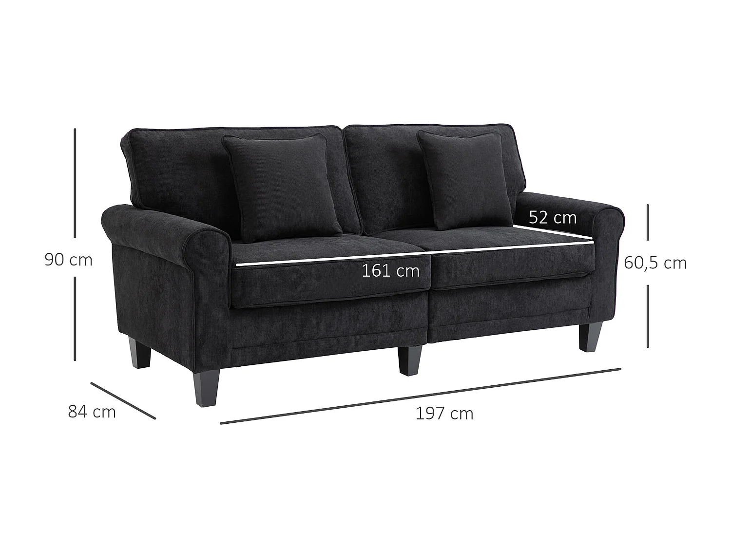 Canapé 3 places dim. 197L x 84P x 90H cm coussin déco. inclus pieds bois massif pin tissu aspect velours côtelé noir