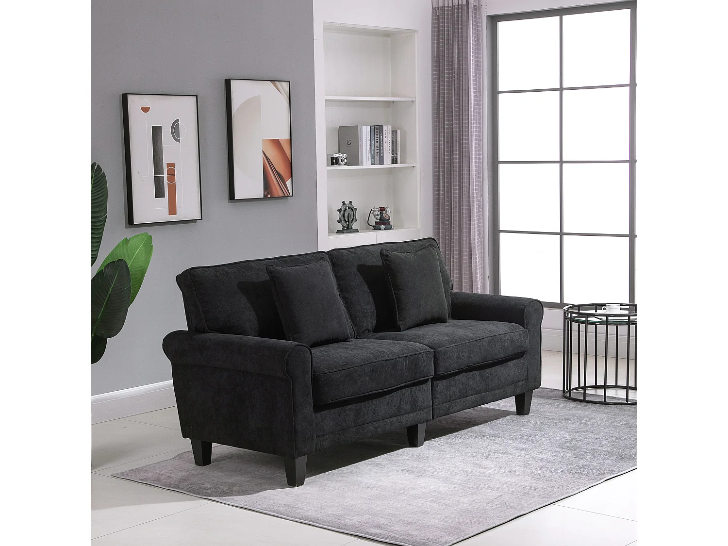 Canapé 3 places dim. 197L x 84P x 90H cm coussin déco. inclus pieds bois massif pin tissu aspect velours côtelé noir