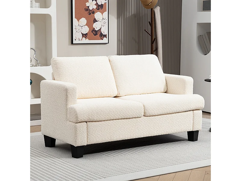 Canapé 2 places effet laine bouclée dim. 140 x 70 x 85 cm piètement bois noir beige clair