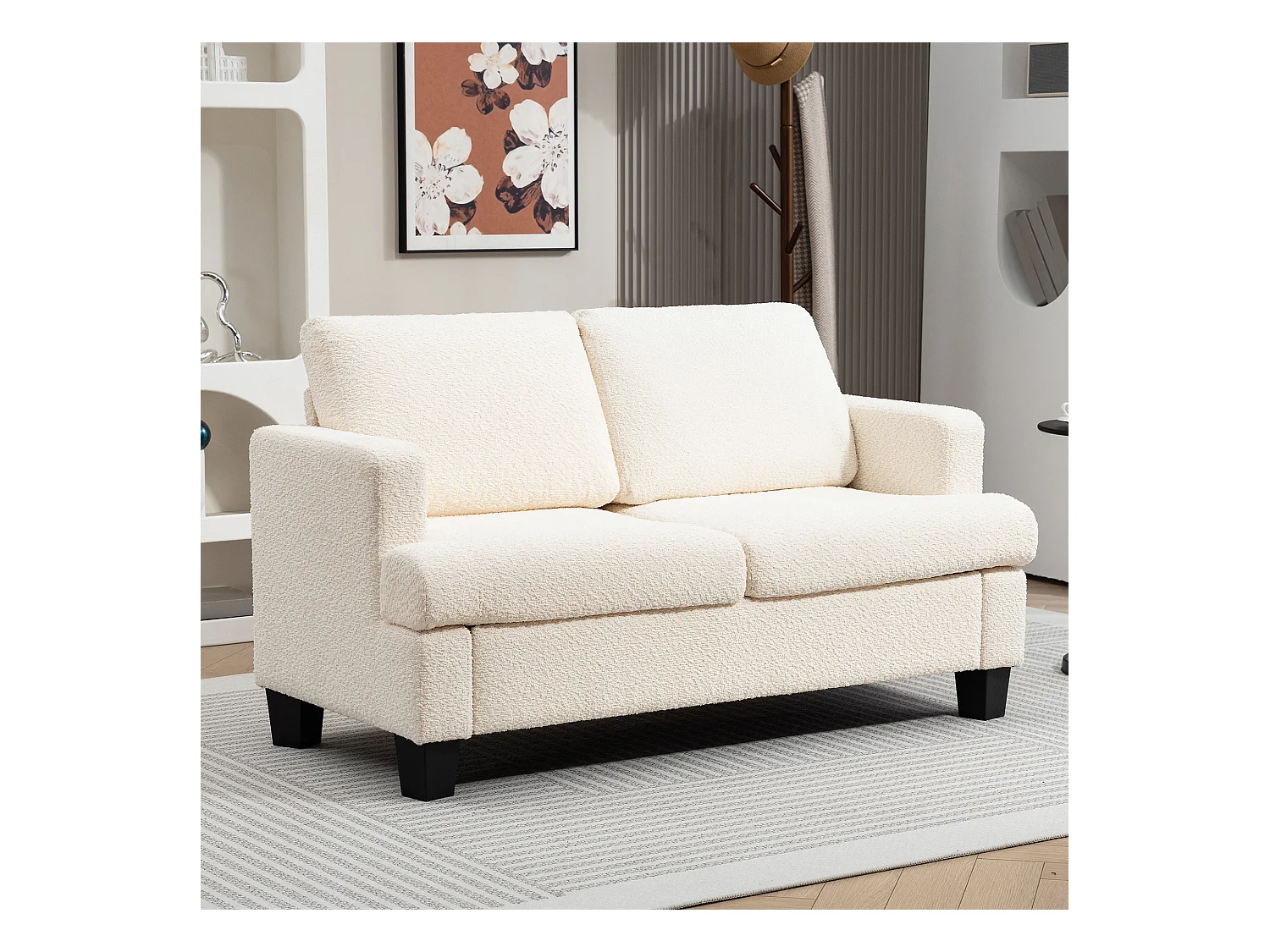 Canapé 2 places effet laine bouclée dim. 140 x 70 x 85 cm piètement bois noir beige clair