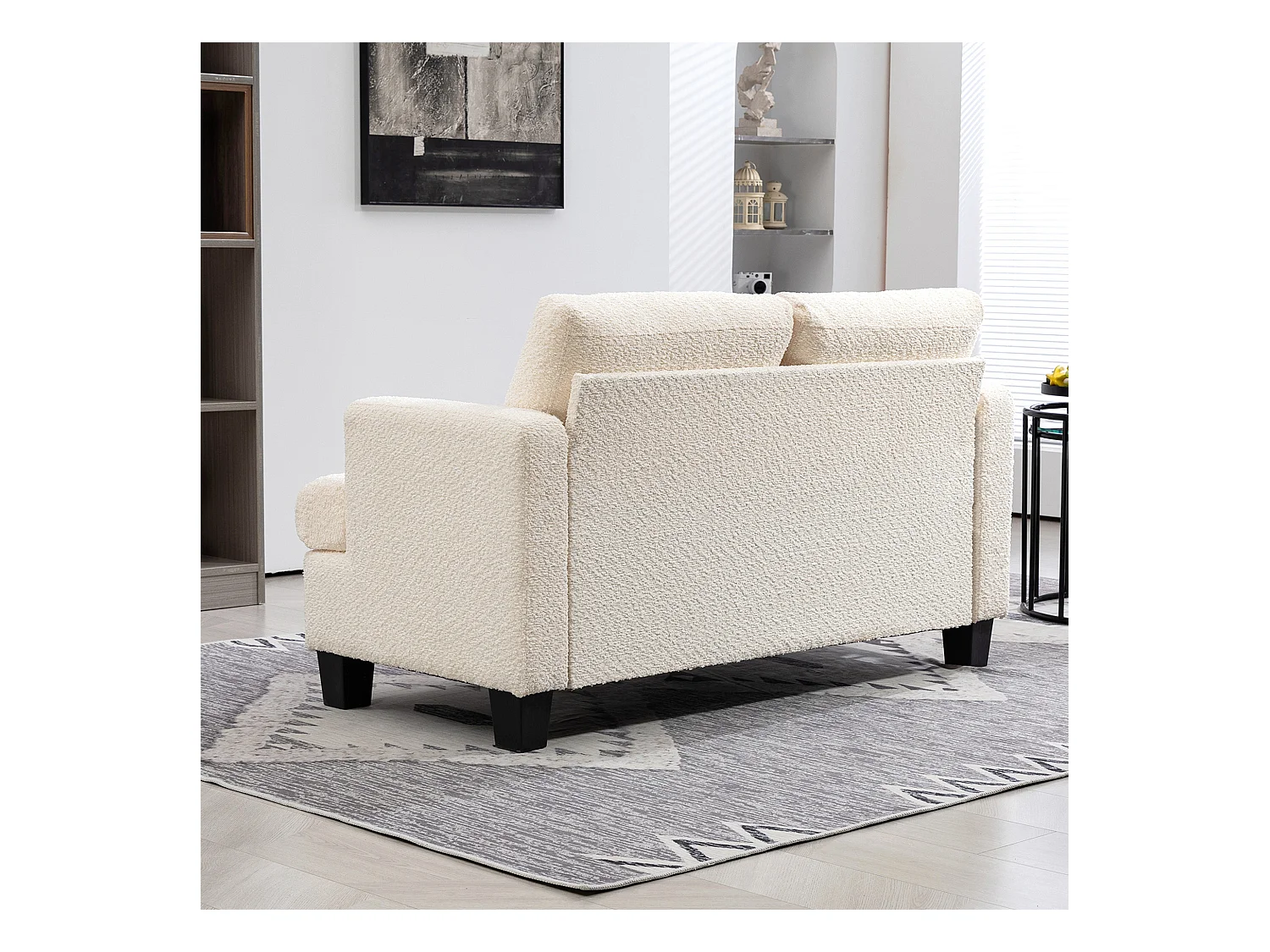Canapé 2 places effet laine bouclée dim. 140 x 70 x 85 cm piètement bois noir beige clair