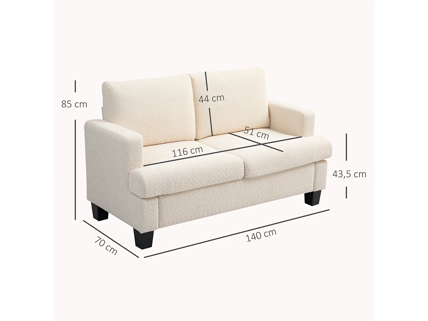 Canapé 2 places effet laine bouclée dim. 140 x 70 x 85 cm piètement bois noir beige clair