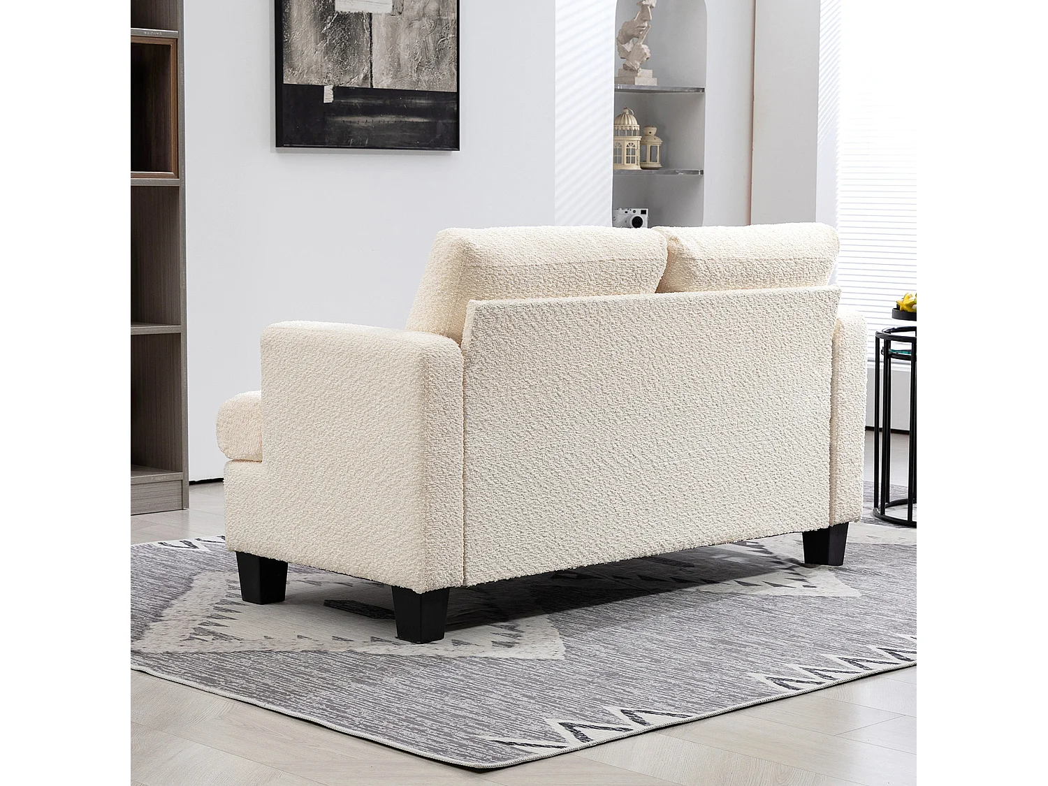 Canapé 2 places effet laine bouclée dim. 140 x 70 x 85 cm piètement bois noir beige clair