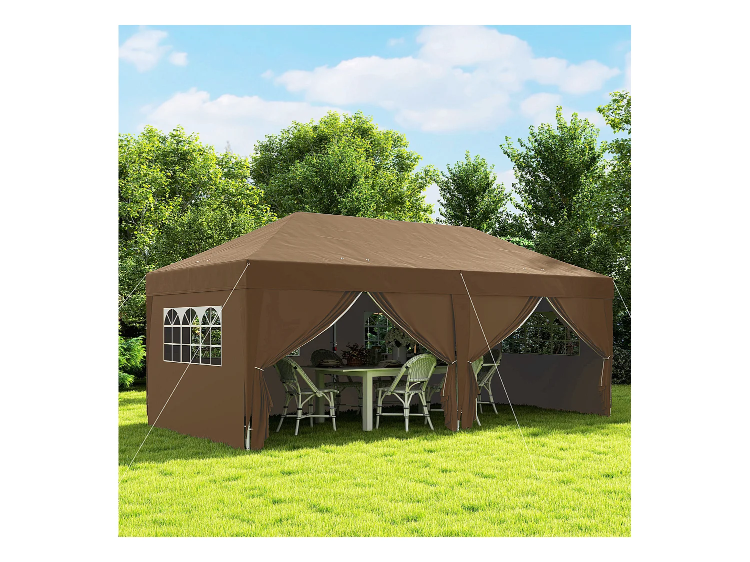 Tonnelle barnum pliant pop-up 5,9L x 2,95l x 2,85H m 6 parois latérales amovibles 4 fenêtres sac de transport chocolat