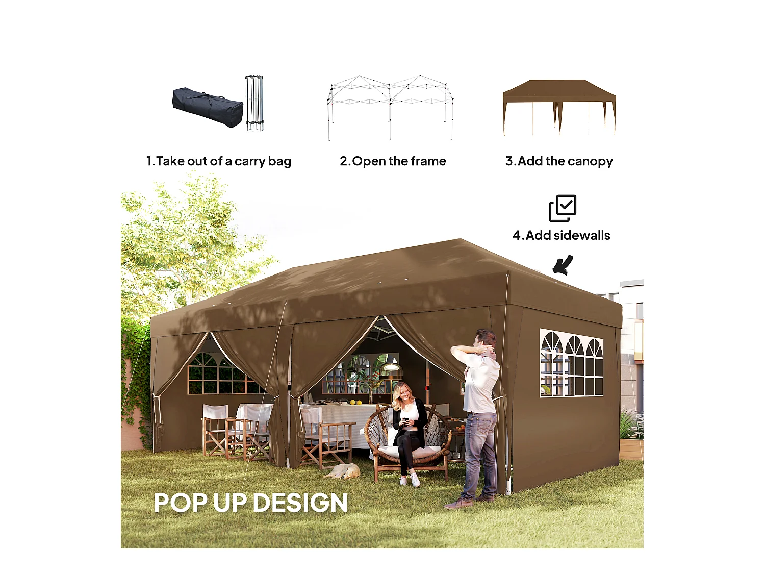 Tonnelle barnum pliant pop-up 5,9L x 2,95l x 2,85H m 6 parois latérales amovibles 4 fenêtres sac de transport chocolat