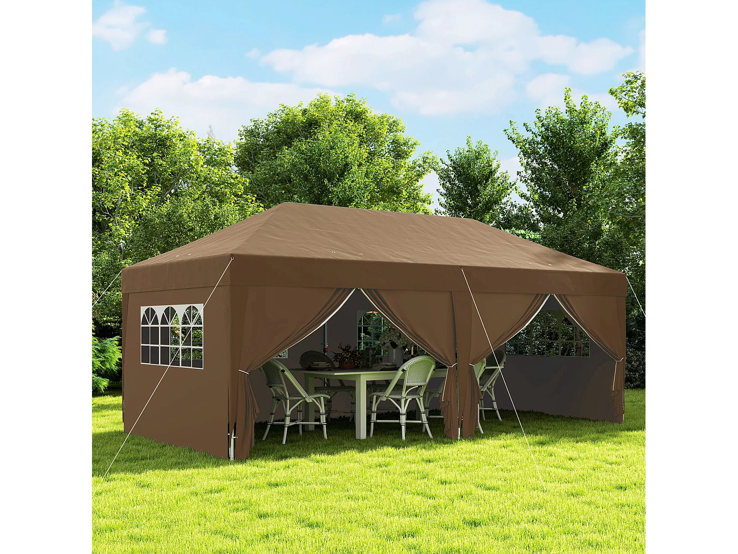 Tonnelle barnum pliant pop-up 5,9L x 2,95l x 2,85H m 6 parois latérales amovibles 4 fenêtres sac de transport chocolat