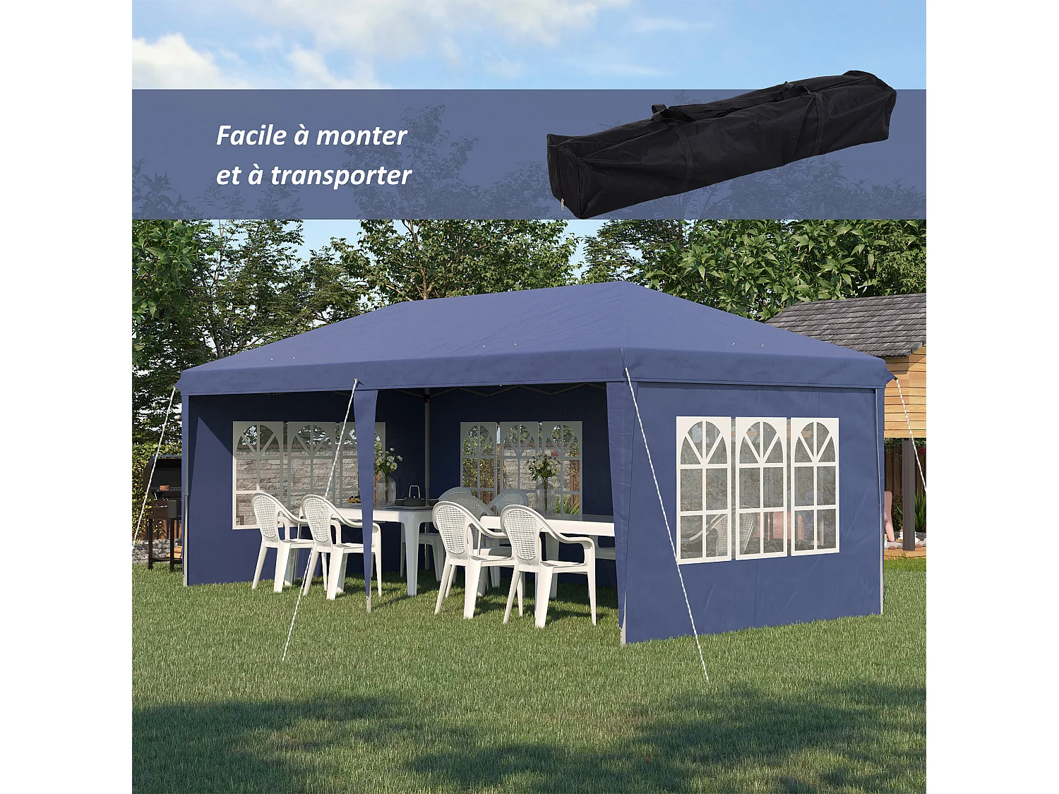 Tonnelle pop up pliante - barnum pliable - 4 cotés démontables - 4 fenêtres - acier oxford haute densité bleu