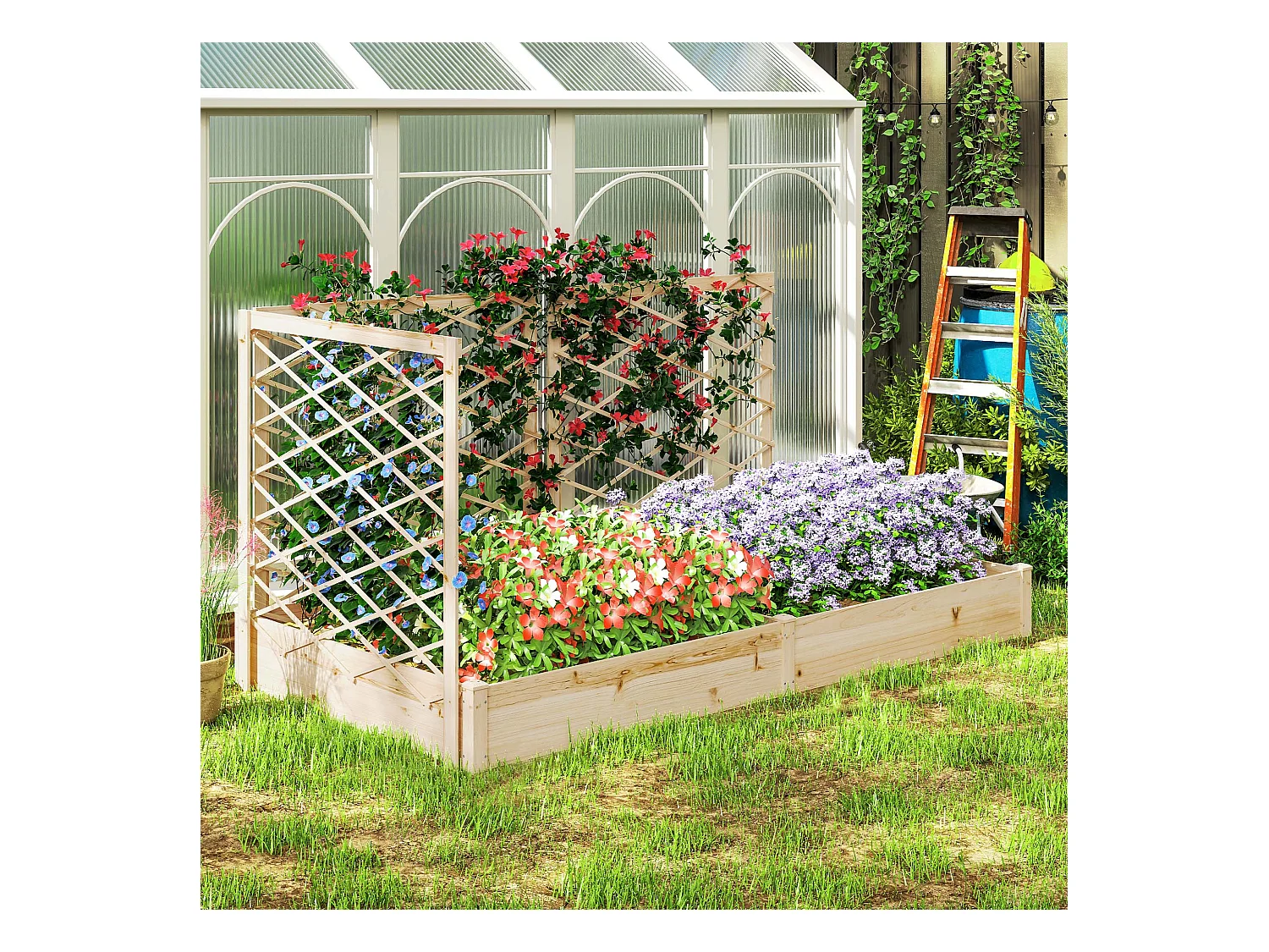 Grande jardinière avec 3 treillis modulables dim. 222 x 114 x H.109cm bois sapin pré-huilé