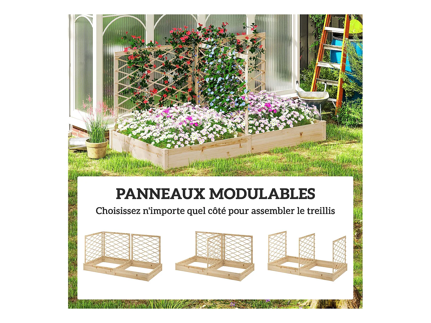 Grande jardinière avec 3 treillis modulables dim. 222 x 114 x H.109cm bois sapin pré-huilé