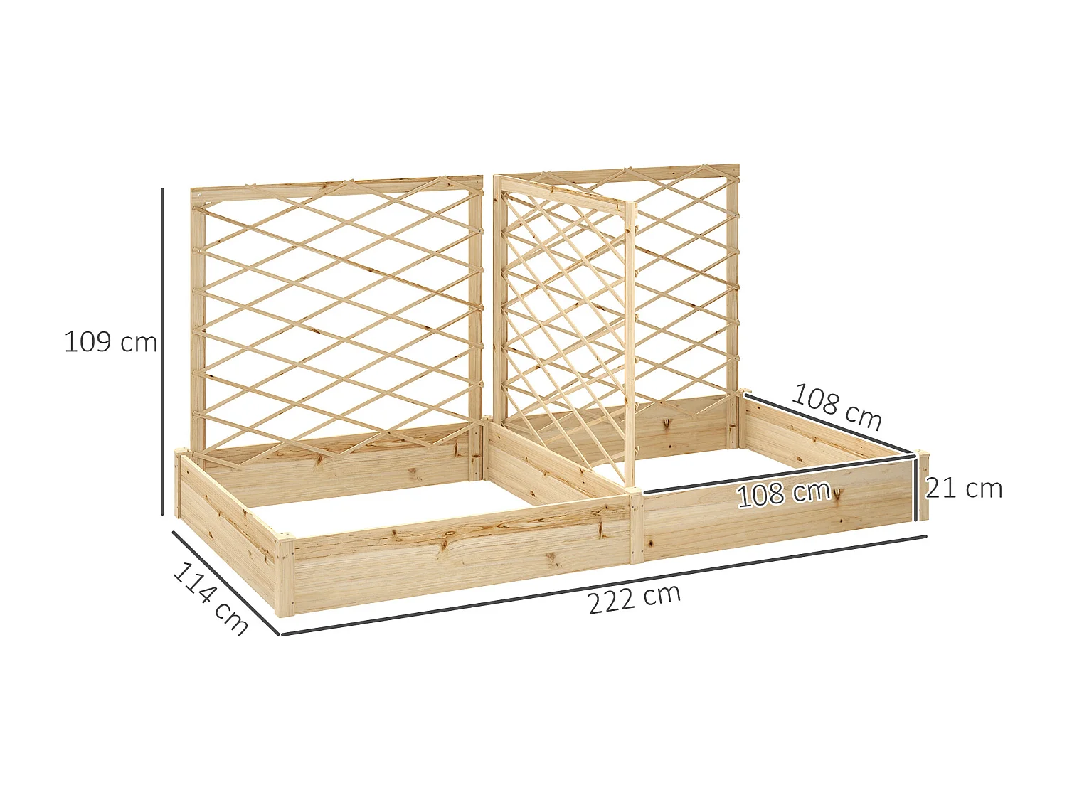 Grande jardinière avec 3 treillis modulables dim. 222 x 114 x H.109cm bois sapin pré-huilé