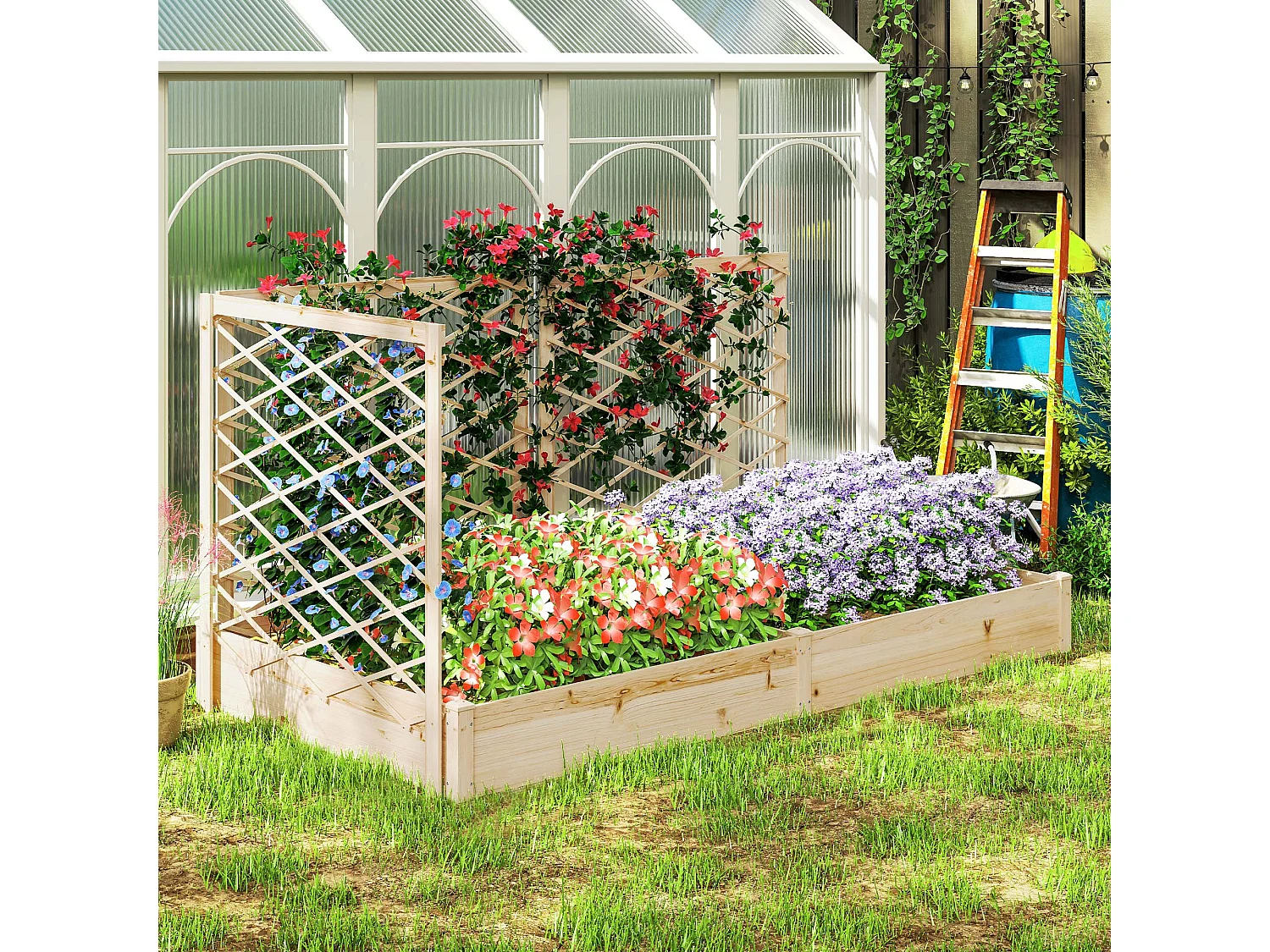 Grande jardinière avec 3 treillis modulables dim. 222 x 114 x H.109cm bois sapin pré-huilé