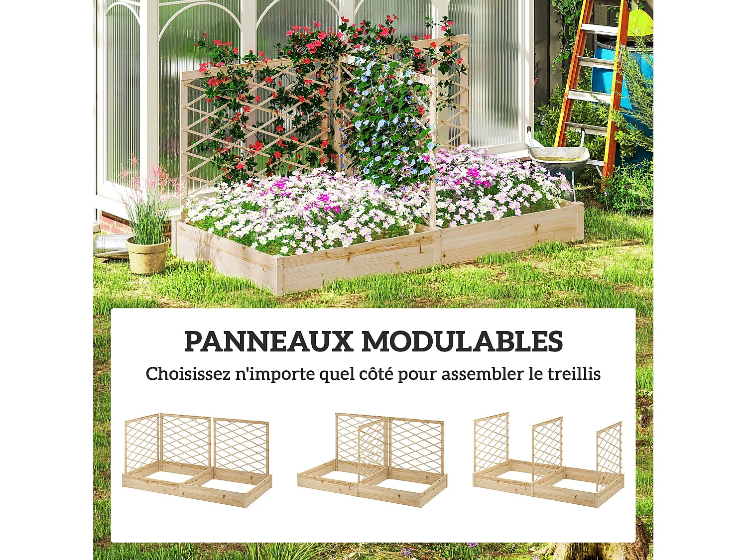 Grande jardinière avec 3 treillis modulables dim. 222 x 114 x H.109cm bois sapin pré-huilé