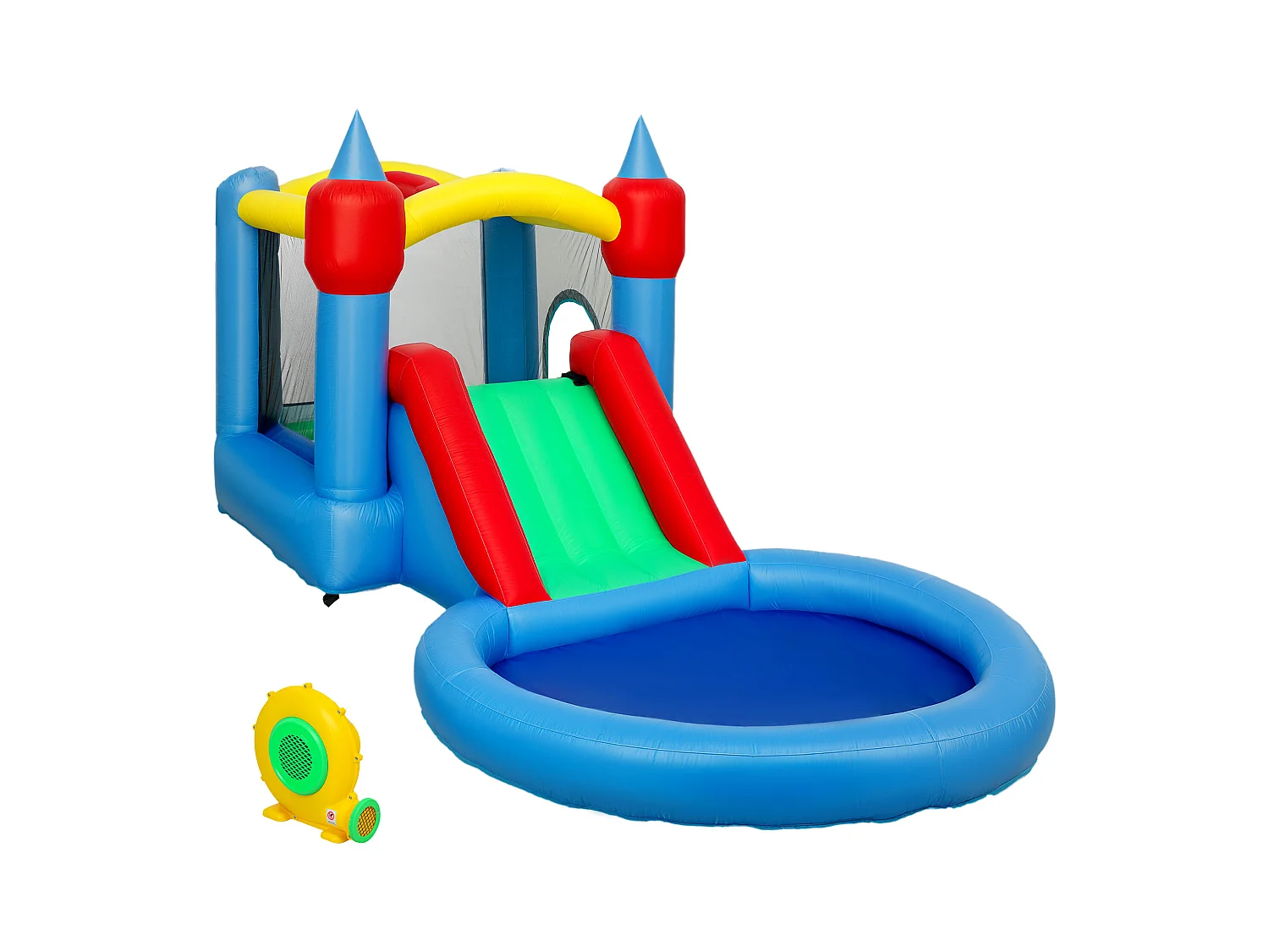 Château gonflable enfant 4 en 1 - toboggan, trampoline, panier basket-ball, piscine - nombreux accesoires