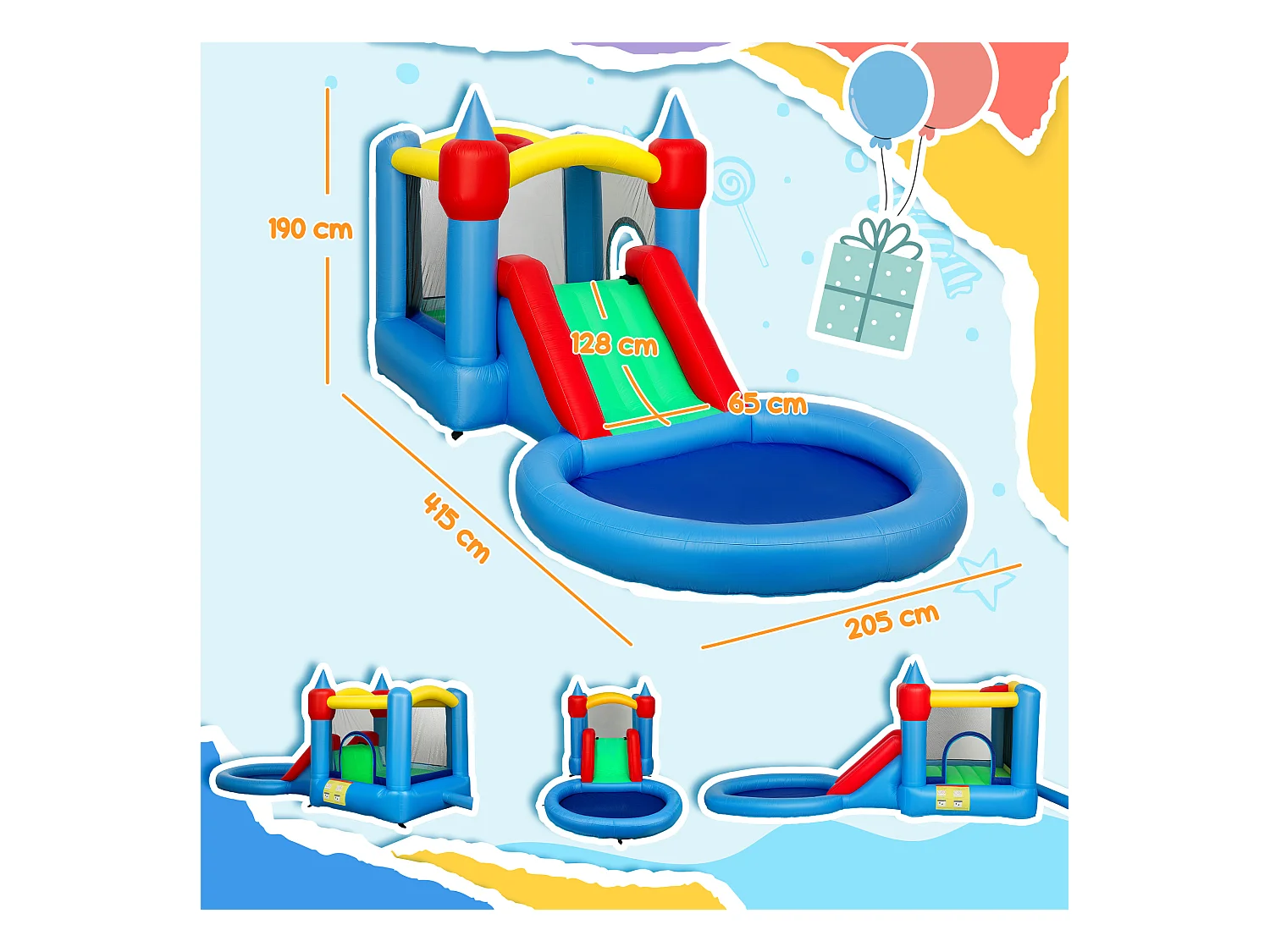 Château gonflable enfant 4 en 1 - toboggan, trampoline, panier basket-ball, piscine - nombreux accesoires