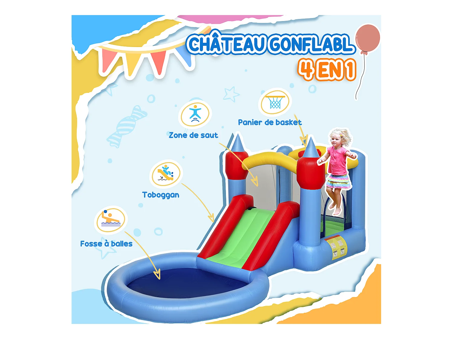 Château gonflable enfant 4 en 1 - toboggan, trampoline, panier basket-ball, piscine - nombreux accesoires