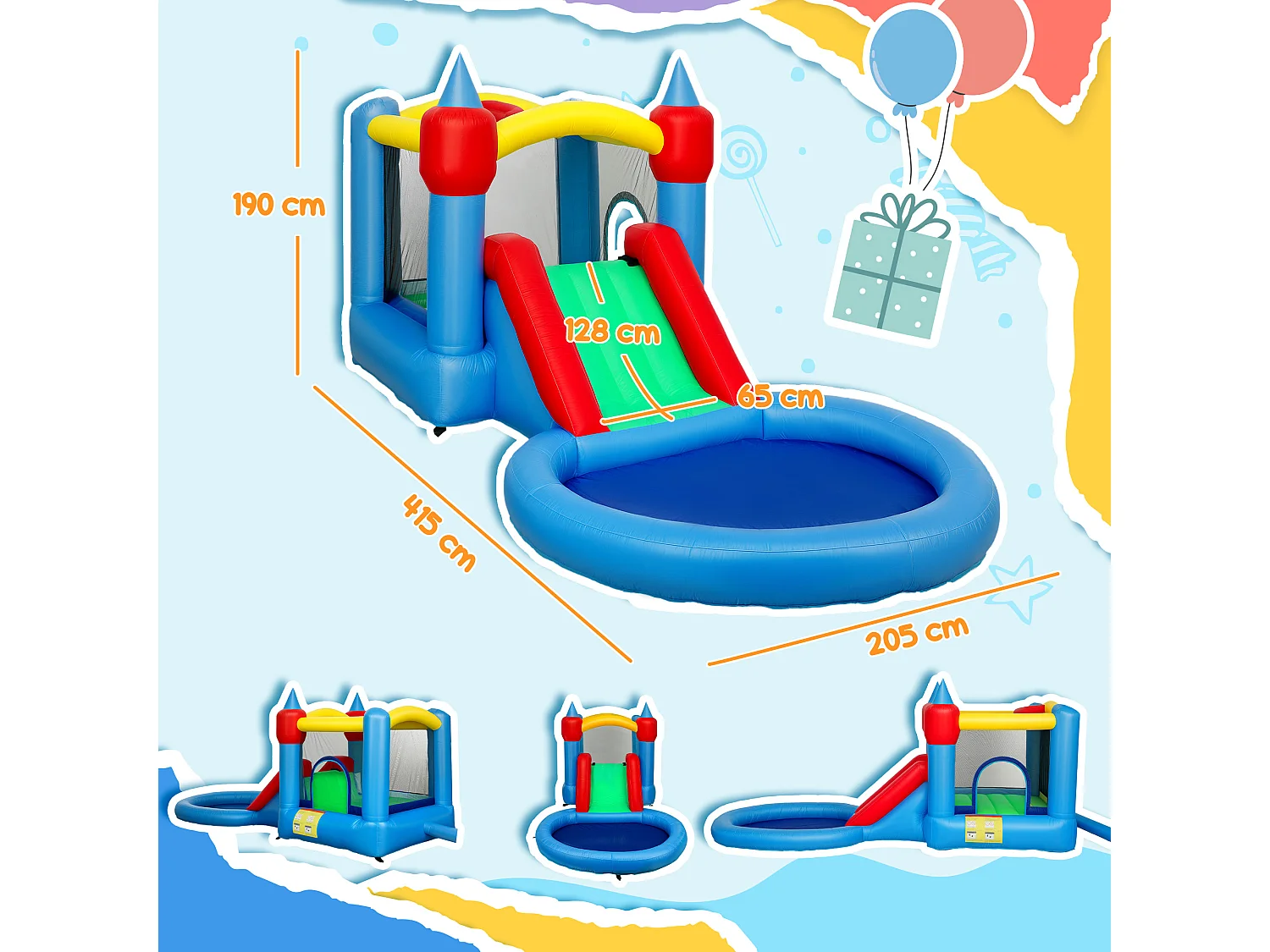 Château gonflable enfant 4 en 1 - toboggan, trampoline, panier basket-ball, piscine - nombreux accesoires