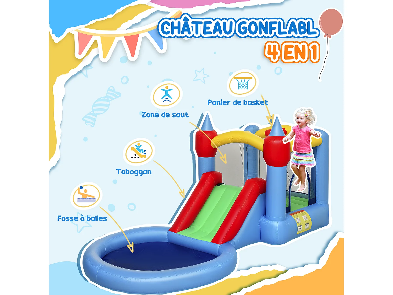 Château gonflable enfant 4 en 1 - toboggan, trampoline, panier basket-ball, piscine - nombreux accesoires