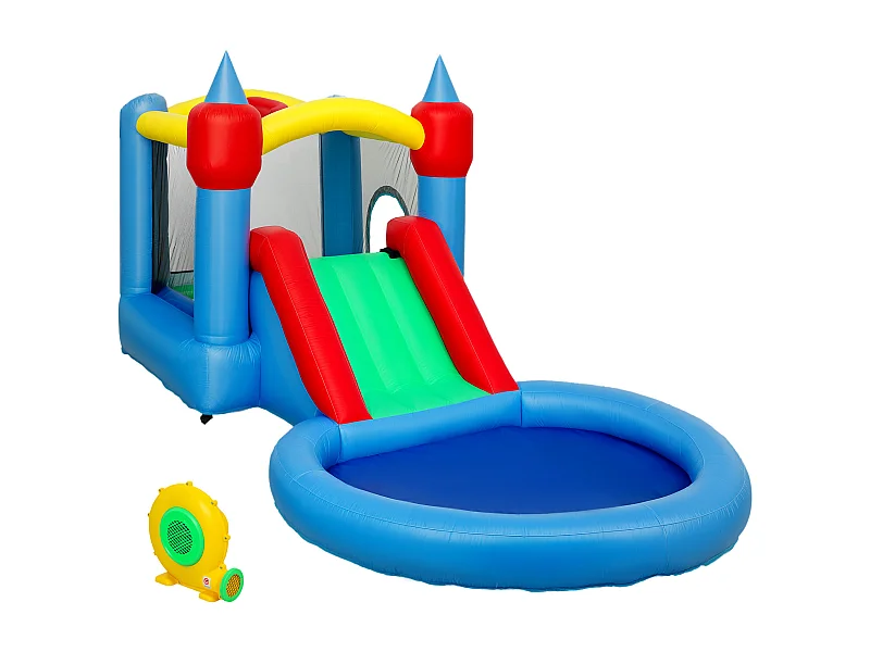 Château gonflable enfant 4 en 1 - toboggan, trampoline, panier basket-ball, piscine - nombreux accesoires