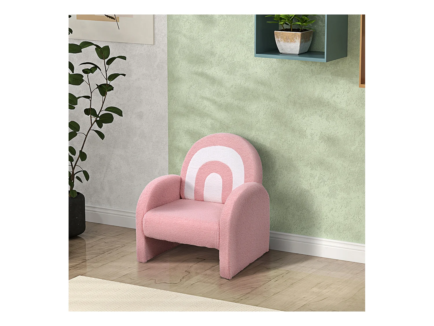 Fauteuil enfant design motif arc en ciel effet laine bouclé grand confort blanc rose