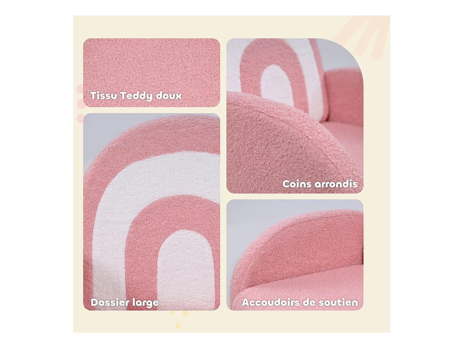 Fauteuil enfant design motif arc en ciel effet laine bouclé grand confort blanc rose