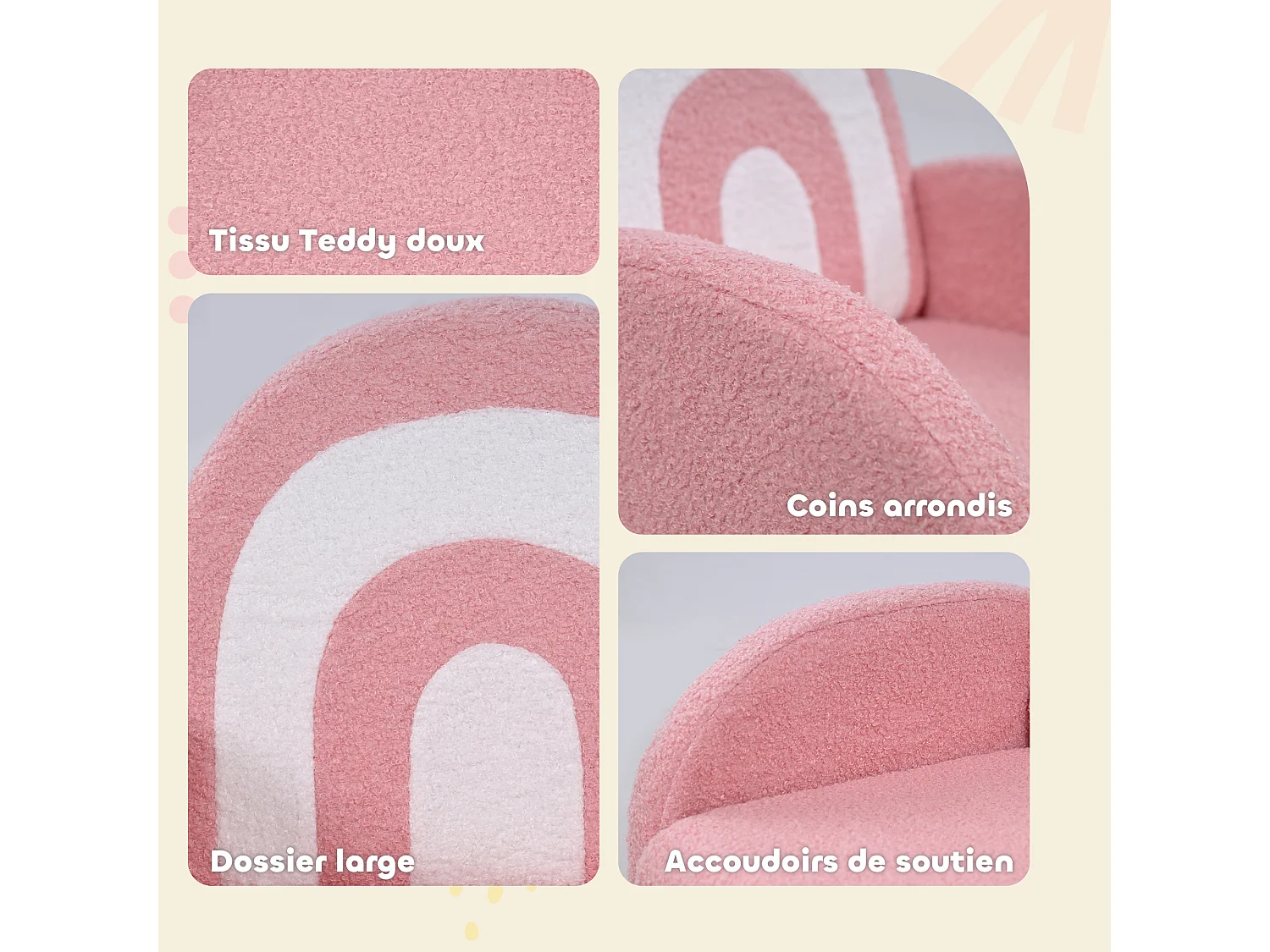 Fauteuil enfant design motif arc en ciel effet laine bouclé grand confort blanc rose