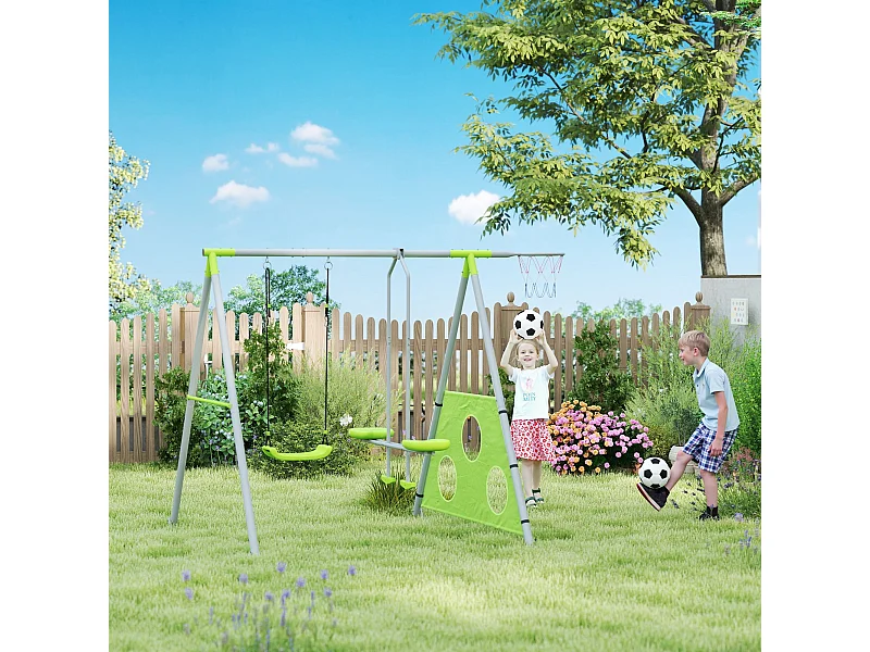 Portique balançoire enfant 4 en 1 - face à face, balançoire, panier basket-ball, cible football - acier gris vert pomme