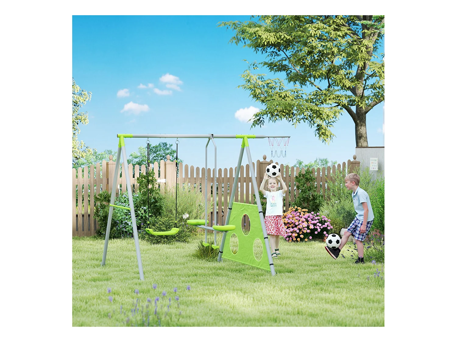 Portique balançoire enfant 4 en 1 - face à face, balançoire, panier basket-ball, cible football - acier gris vert pomme