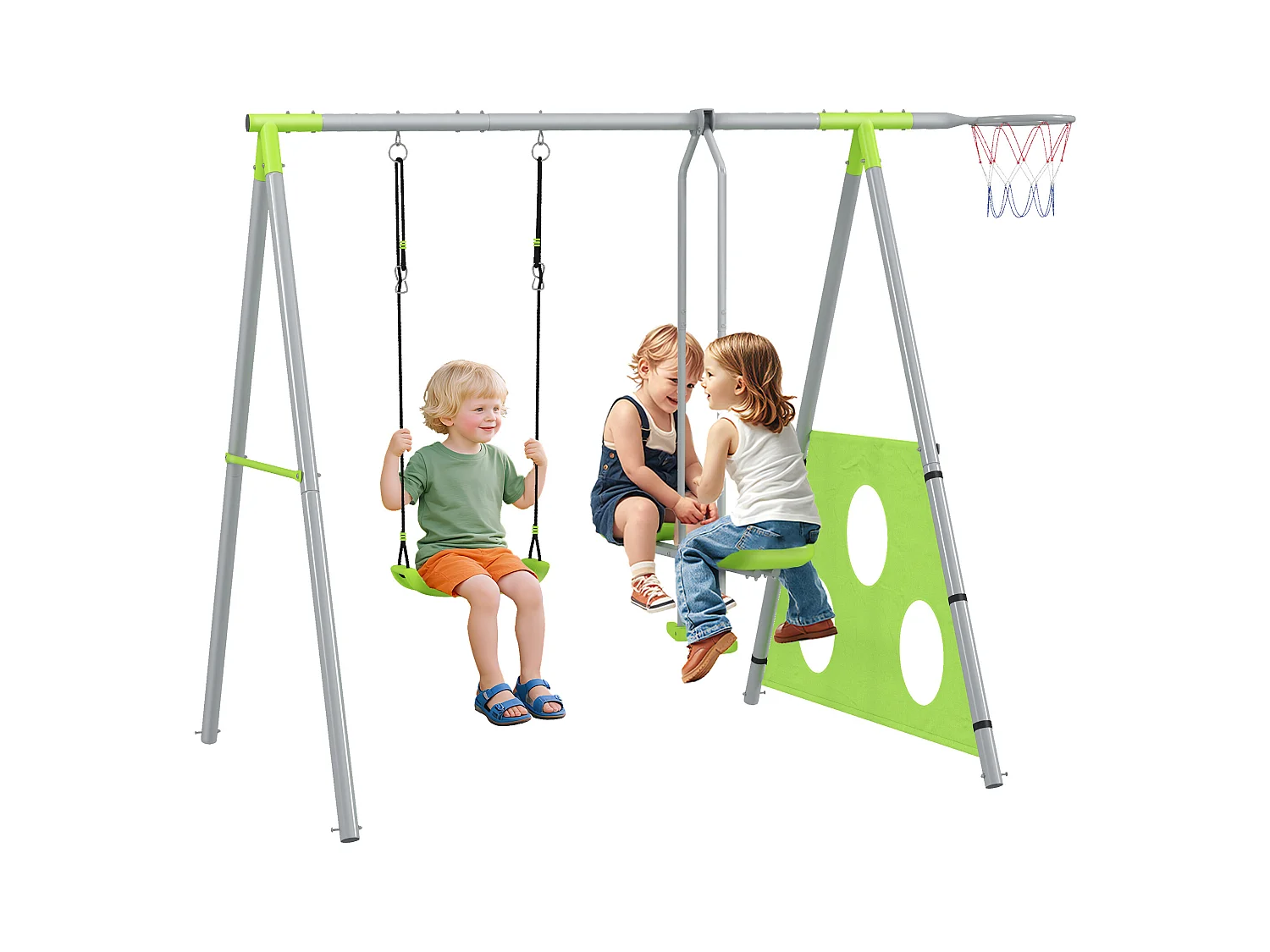 Portique balançoire enfant 4 en 1 - face à face, balançoire, panier basket-ball, cible football - acier gris vert pomme