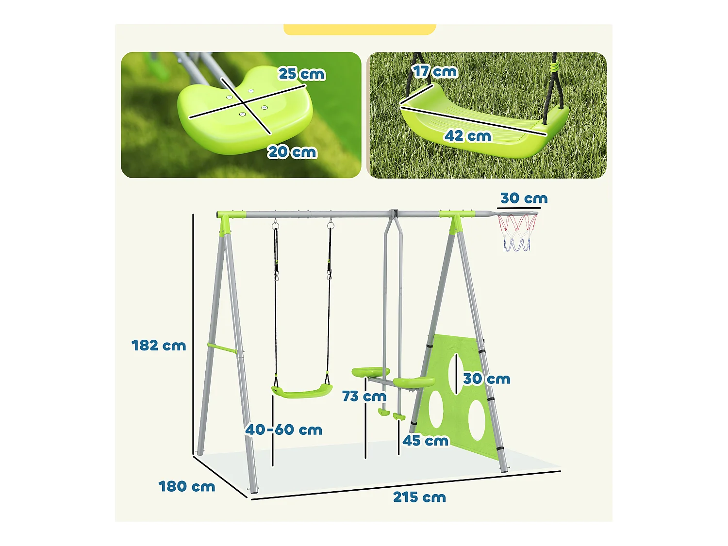 Portique balançoire enfant 4 en 1 - face à face, balançoire, panier basket-ball, cible football - acier gris vert pomme