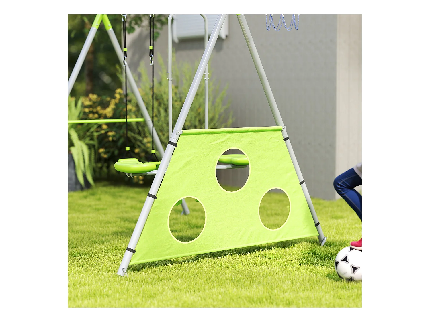 Portique balançoire enfant 4 en 1 - face à face, balançoire, panier basket-ball, cible football - acier gris vert pomme