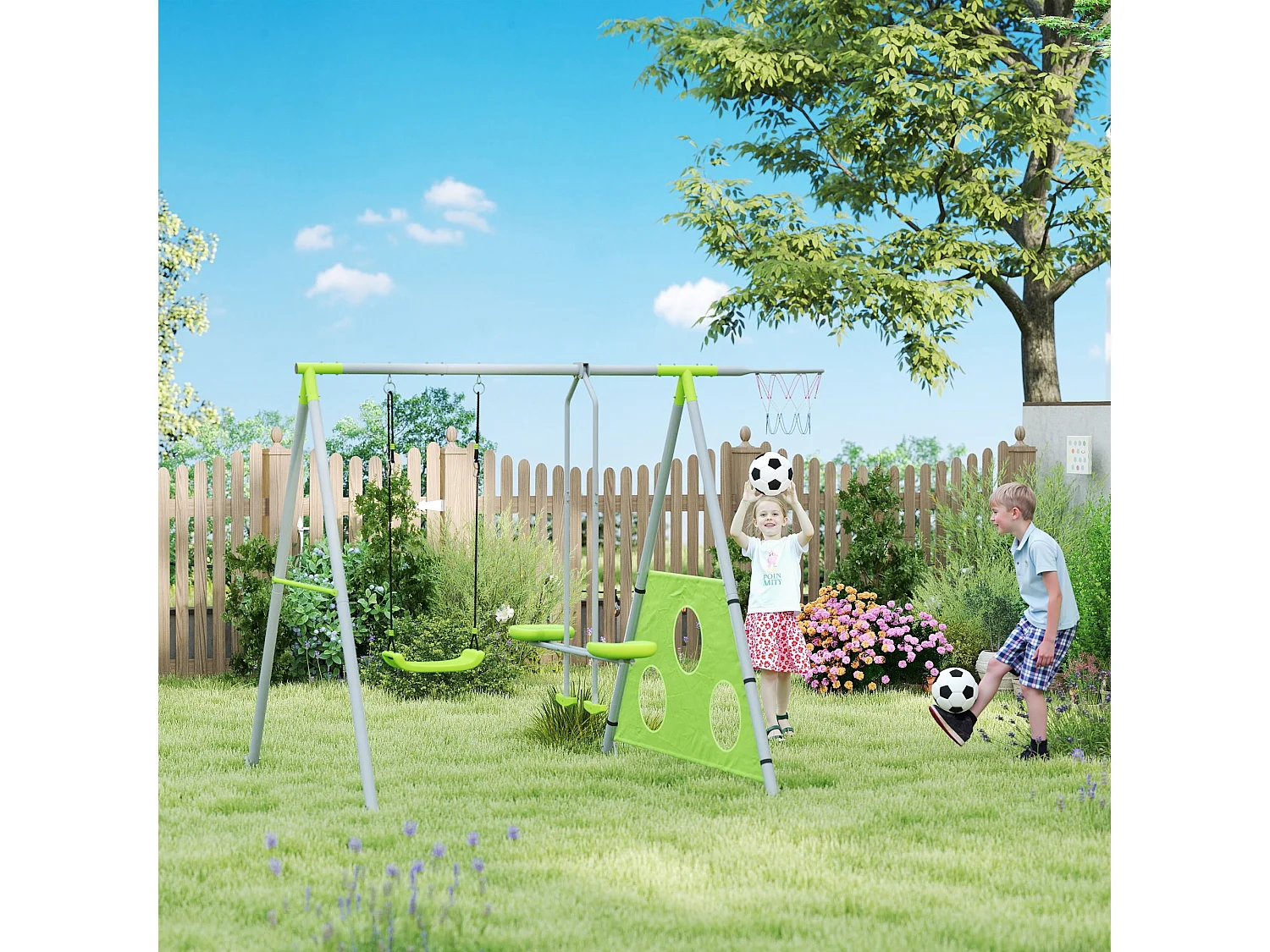 Portique balançoire enfant 4 en 1 - face à face, balançoire, panier basket-ball, cible football - acier gris vert pomme