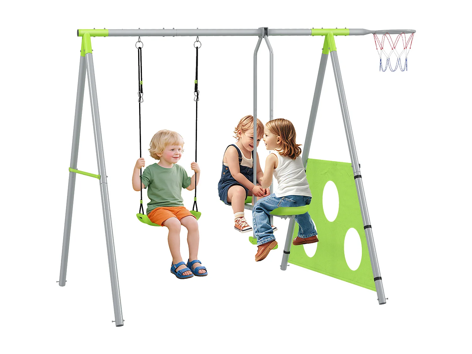 Portique balançoire enfant 4 en 1 - face à face, balançoire, panier basket-ball, cible football - acier gris vert pomme