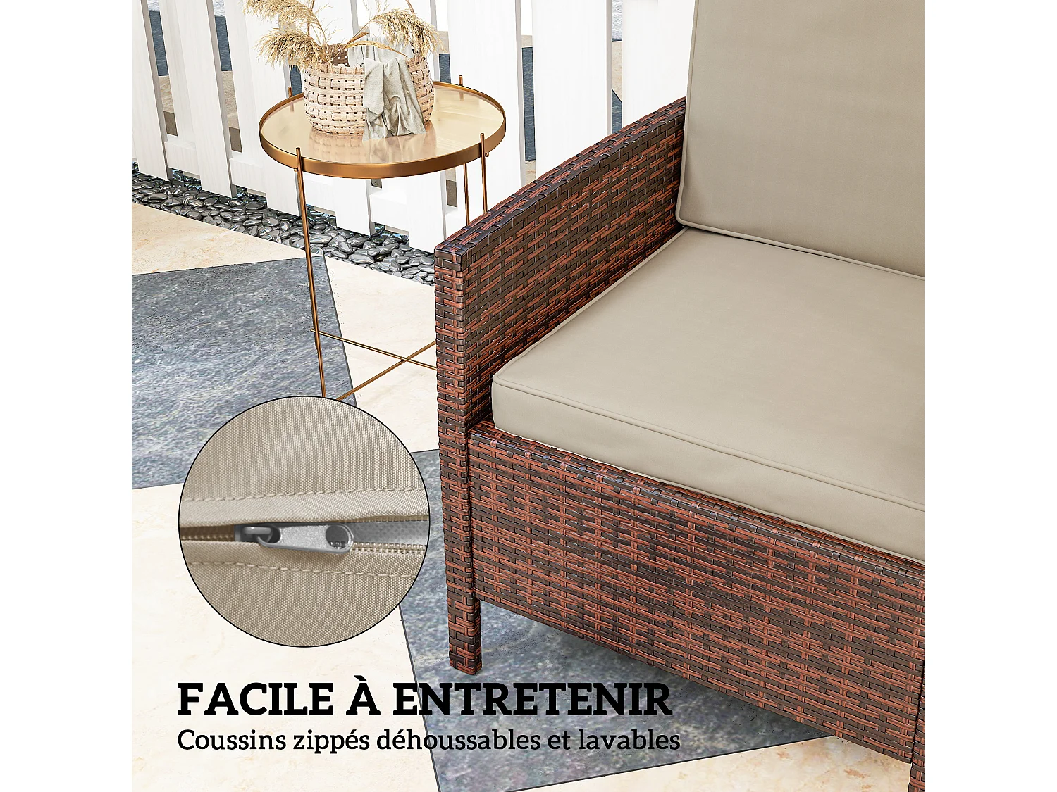 Coussins de fauteuil de jardin zippés déhoussables - galettes de chaise de jardin - épais rembourrage 7 cm - polyester haute densité kaki