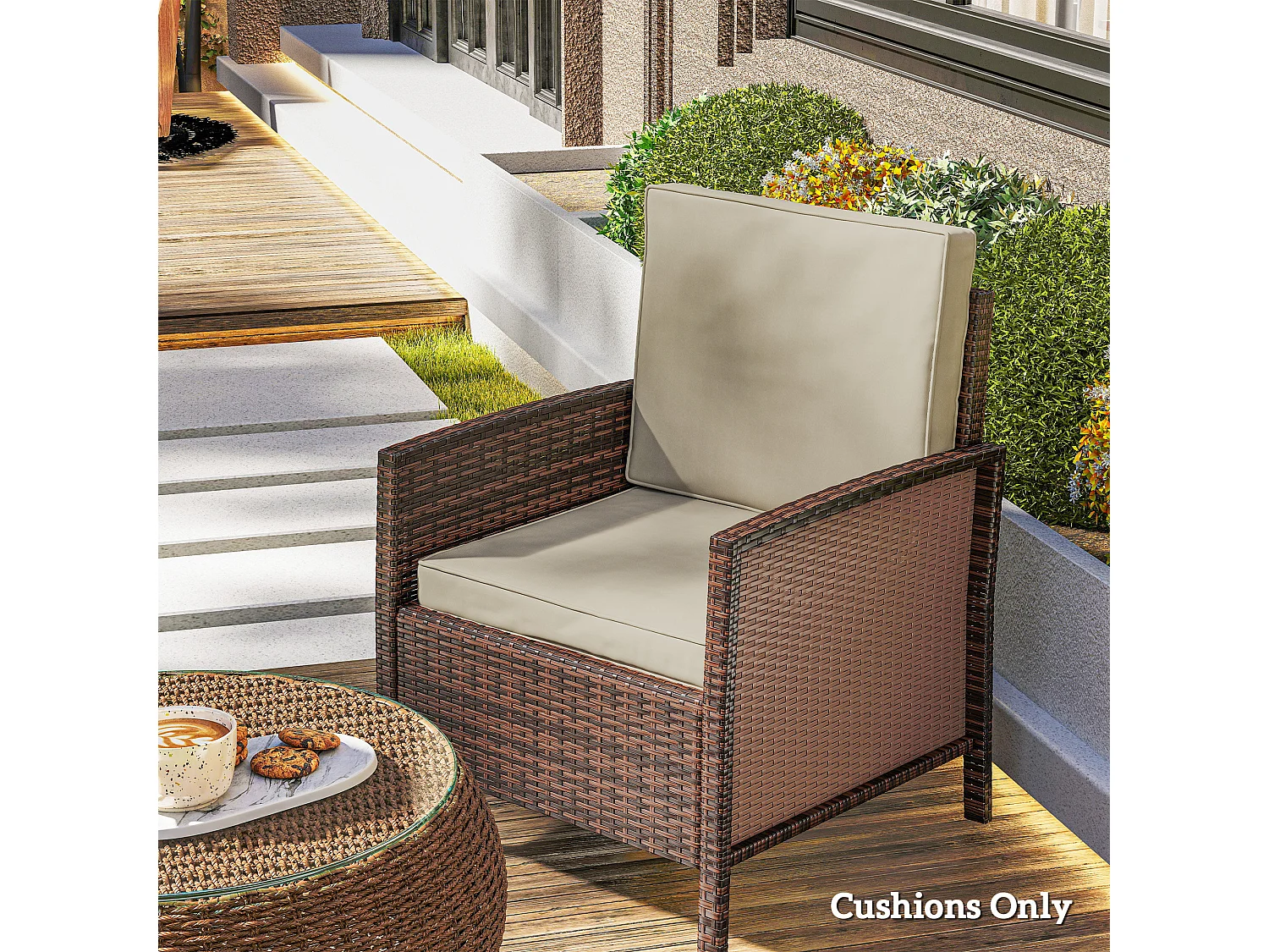 Coussins de fauteuil de jardin zippés déhoussables - galettes de chaise de jardin - épais rembourrage 7 cm - polyester haute densité kaki