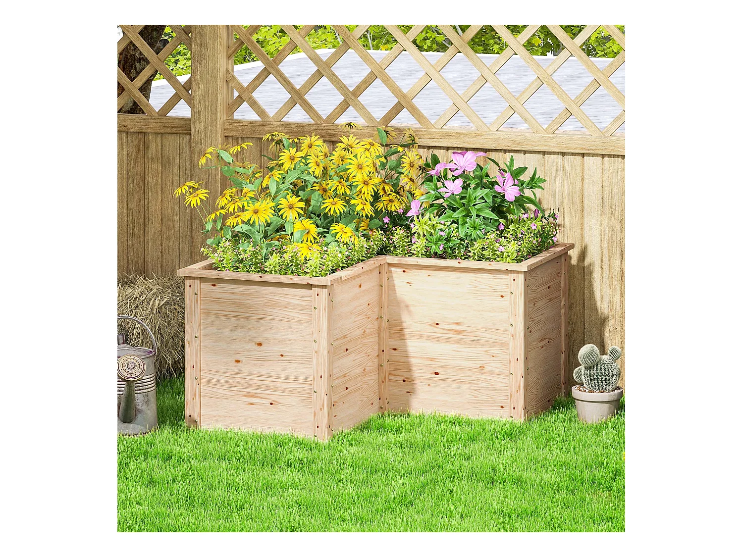 Carré de potager en bois - jardinière d'angle - dim. 120 x 120 x 62 cm - bois sapin naturel