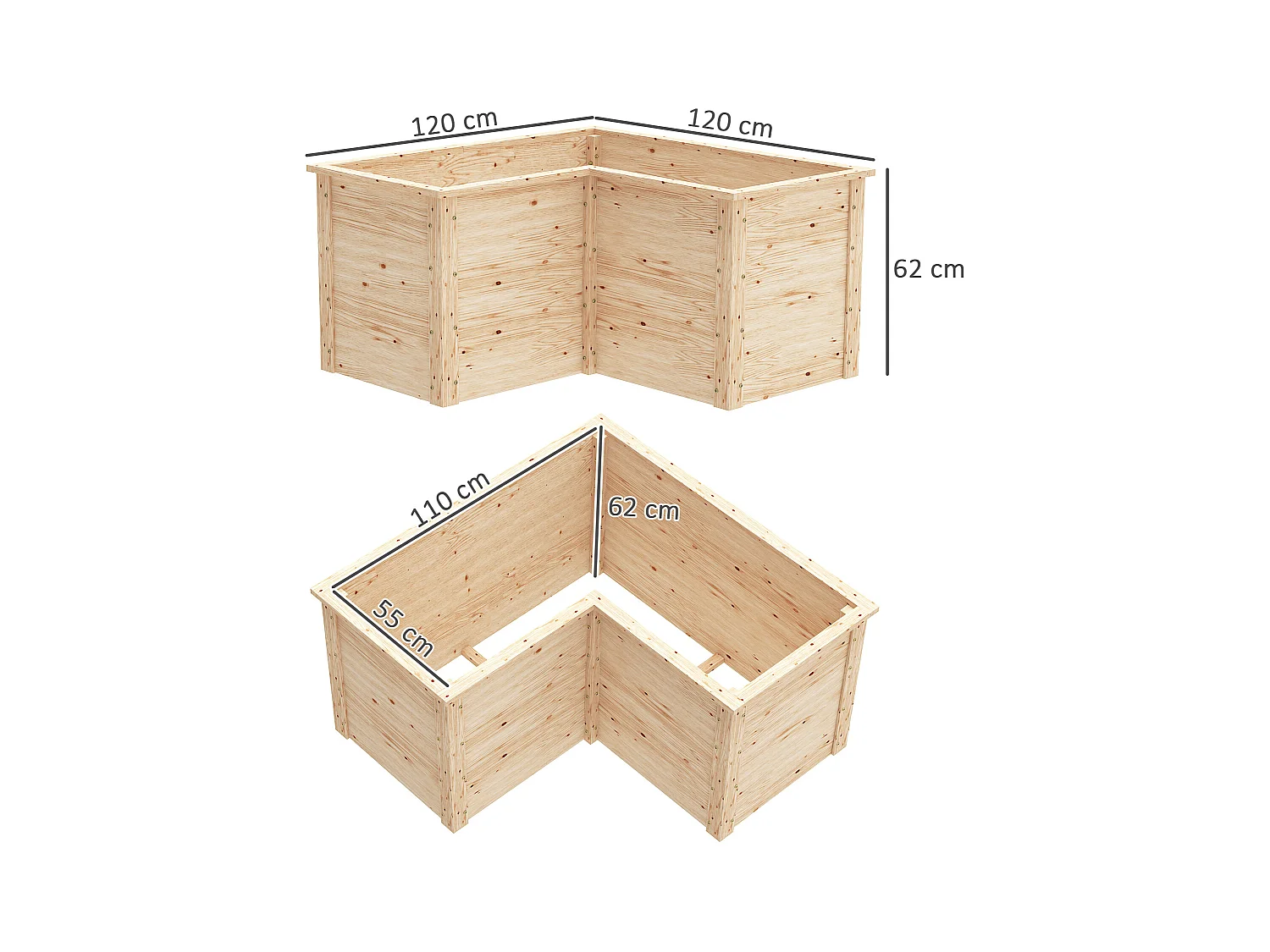 Carré de potager en bois - jardinière d'angle - dim. 120 x 120 x 62 cm - bois sapin naturel