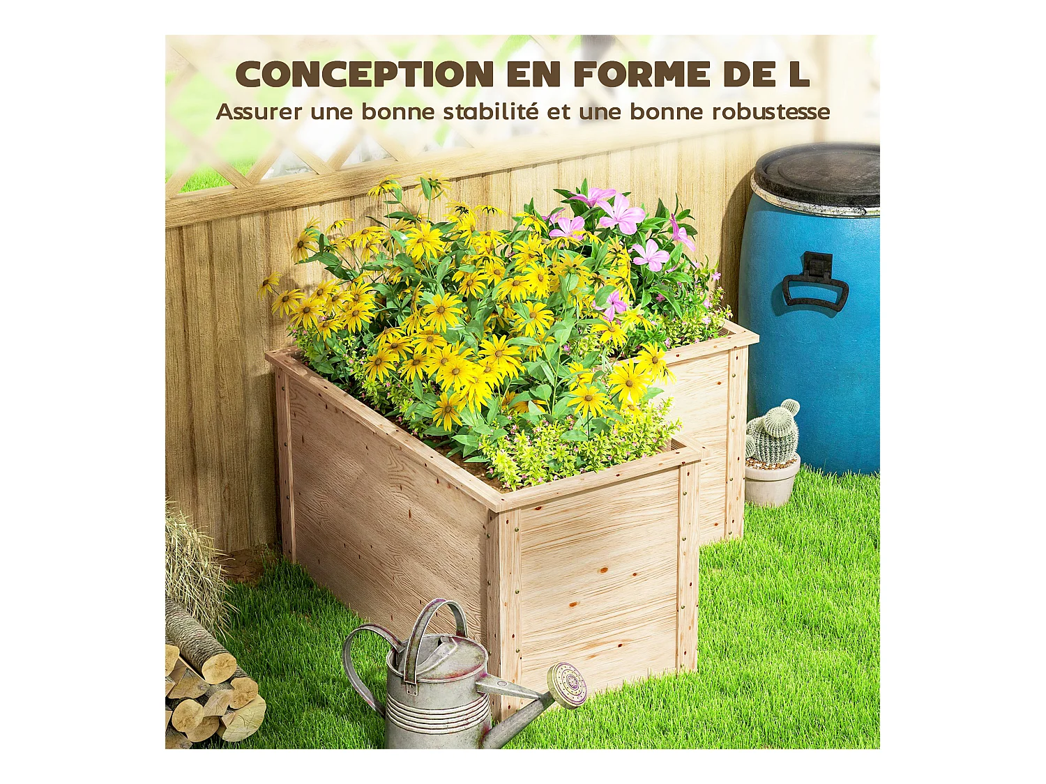 Carré de potager en bois - jardinière d'angle - dim. 120 x 120 x 62 cm - bois sapin naturel