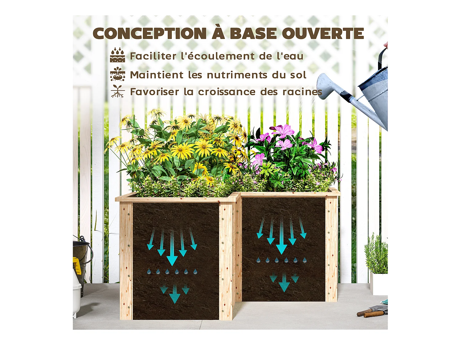 Carré de potager en bois - jardinière d'angle - dim. 120 x 120 x 62 cm - bois sapin naturel