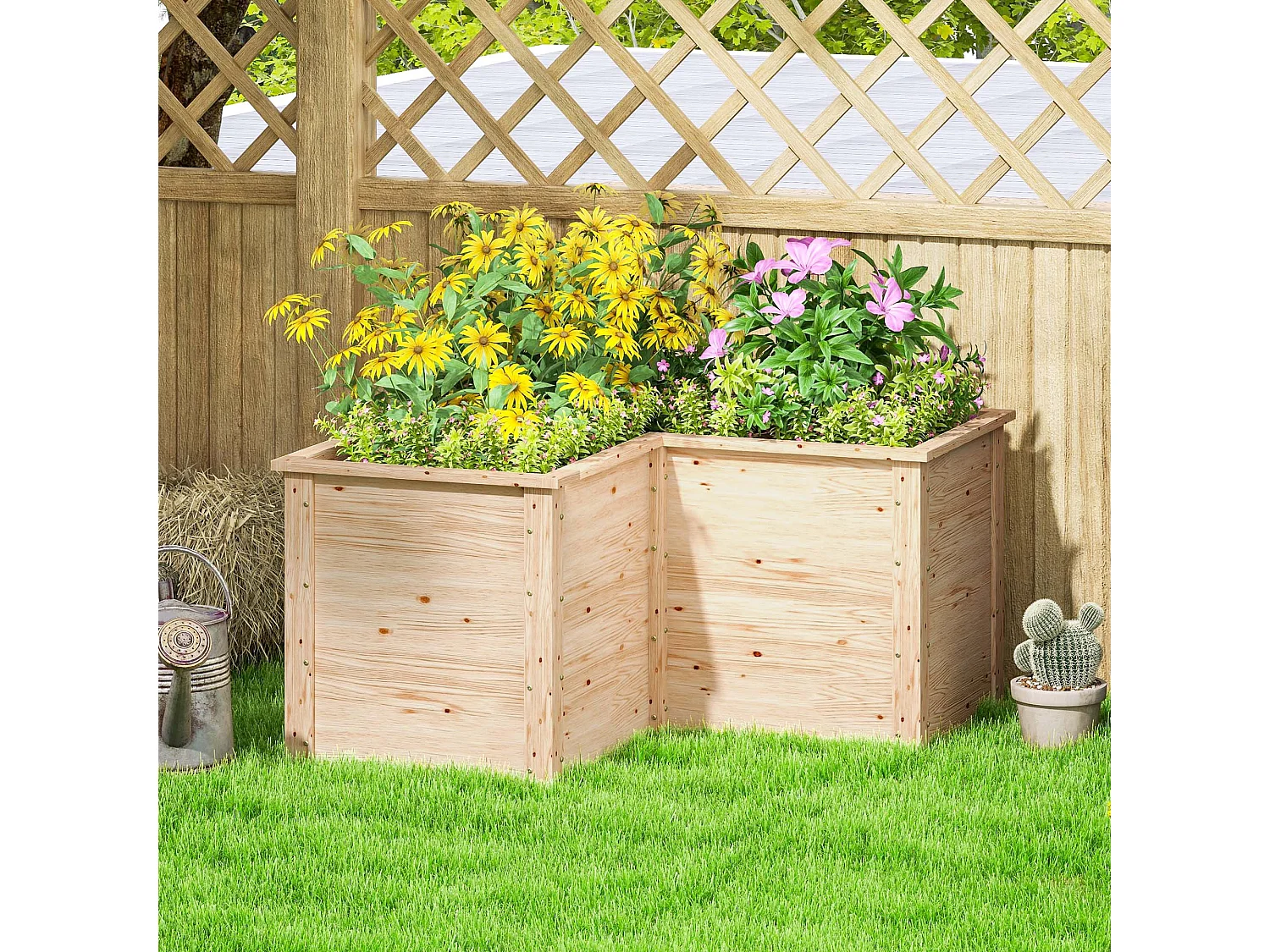 Carré de potager en bois - jardinière d'angle - dim. 120 x 120 x 62 cm - bois sapin naturel