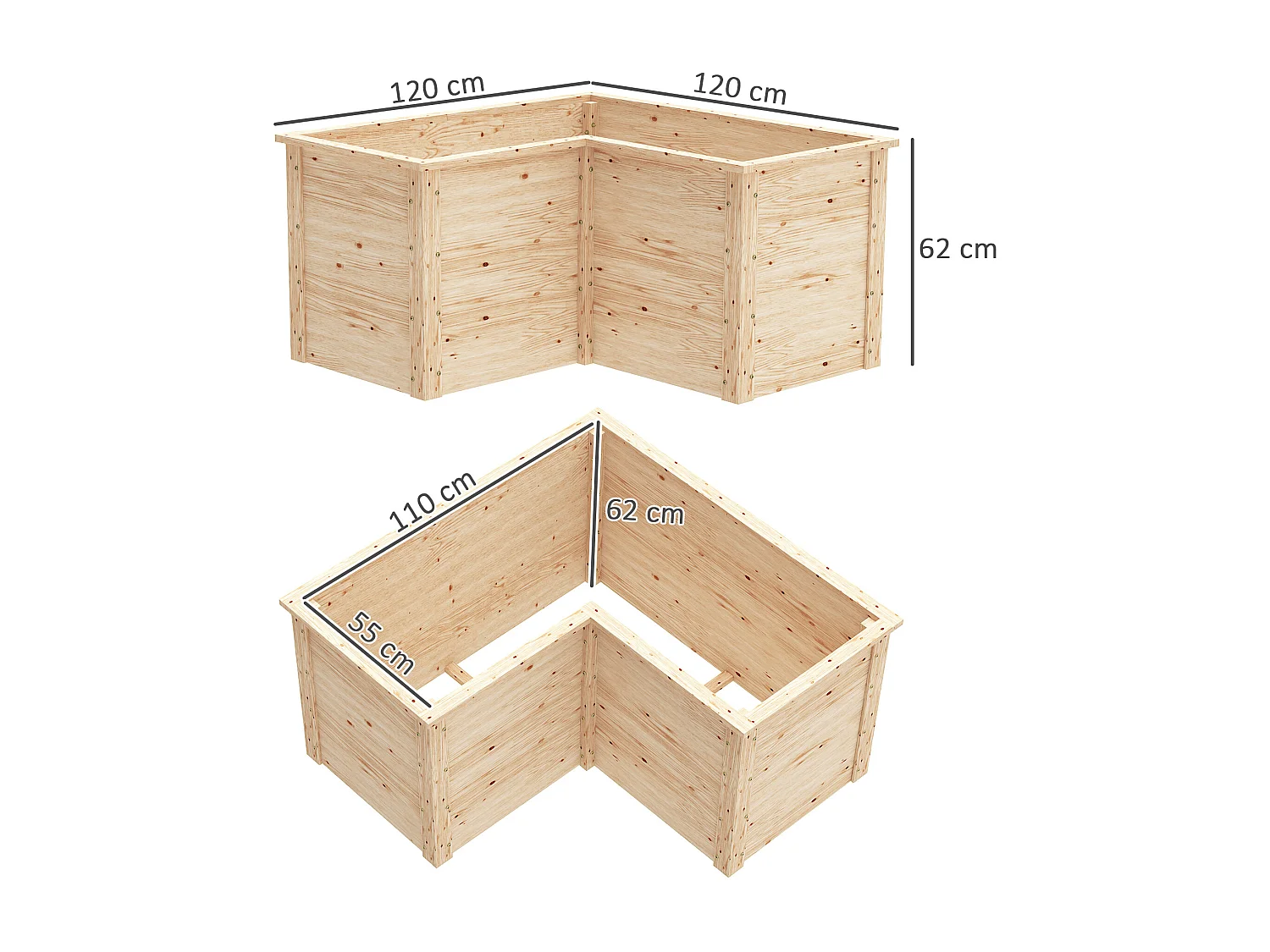 Carré de potager en bois - jardinière d'angle - dim. 120 x 120 x 62 cm - bois sapin naturel