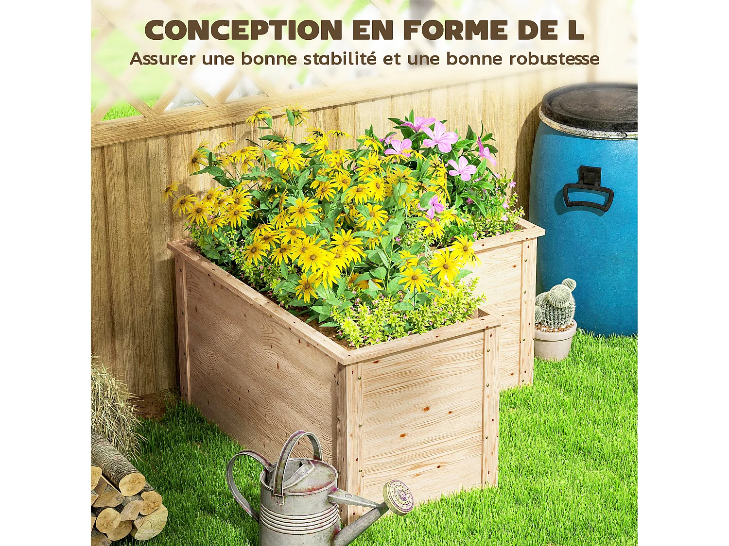 Carré de potager en bois - jardinière d'angle - dim. 120 x 120 x 62 cm - bois sapin naturel