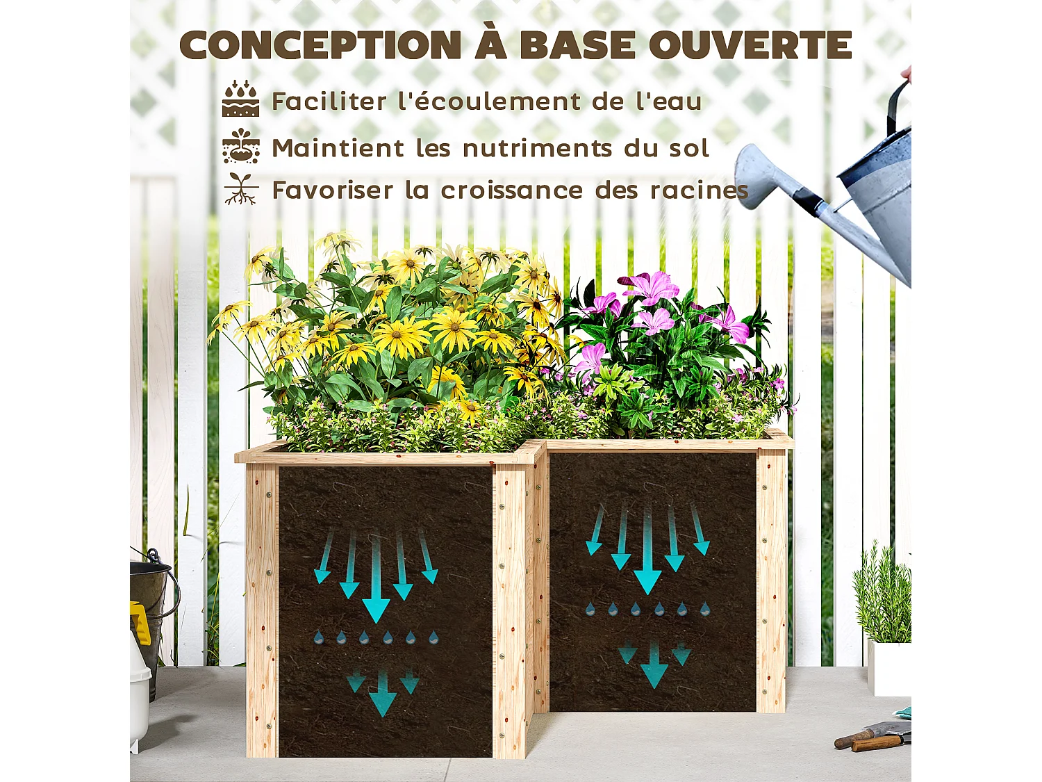 Carré de potager en bois - jardinière d'angle - dim. 120 x 120 x 62 cm - bois sapin naturel