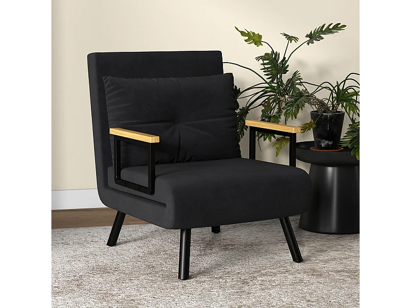 Fauteuil convertible 3 en 1 chauffeuse lit dossier réglable coussin accoudoirs bois velours noir