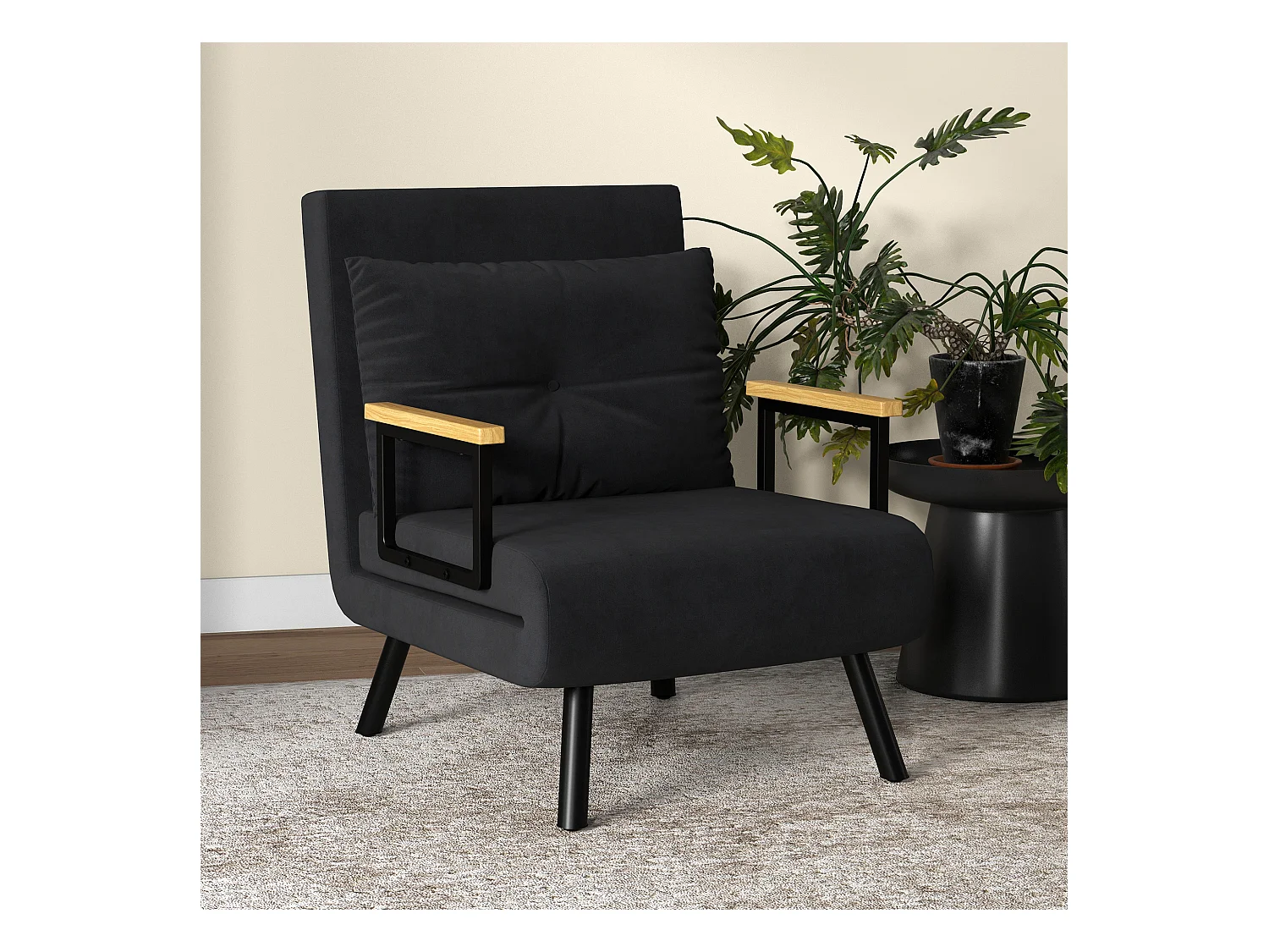 Fauteuil convertible 3 en 1 chauffeuse lit dossier réglable coussin accoudoirs bois velours noir