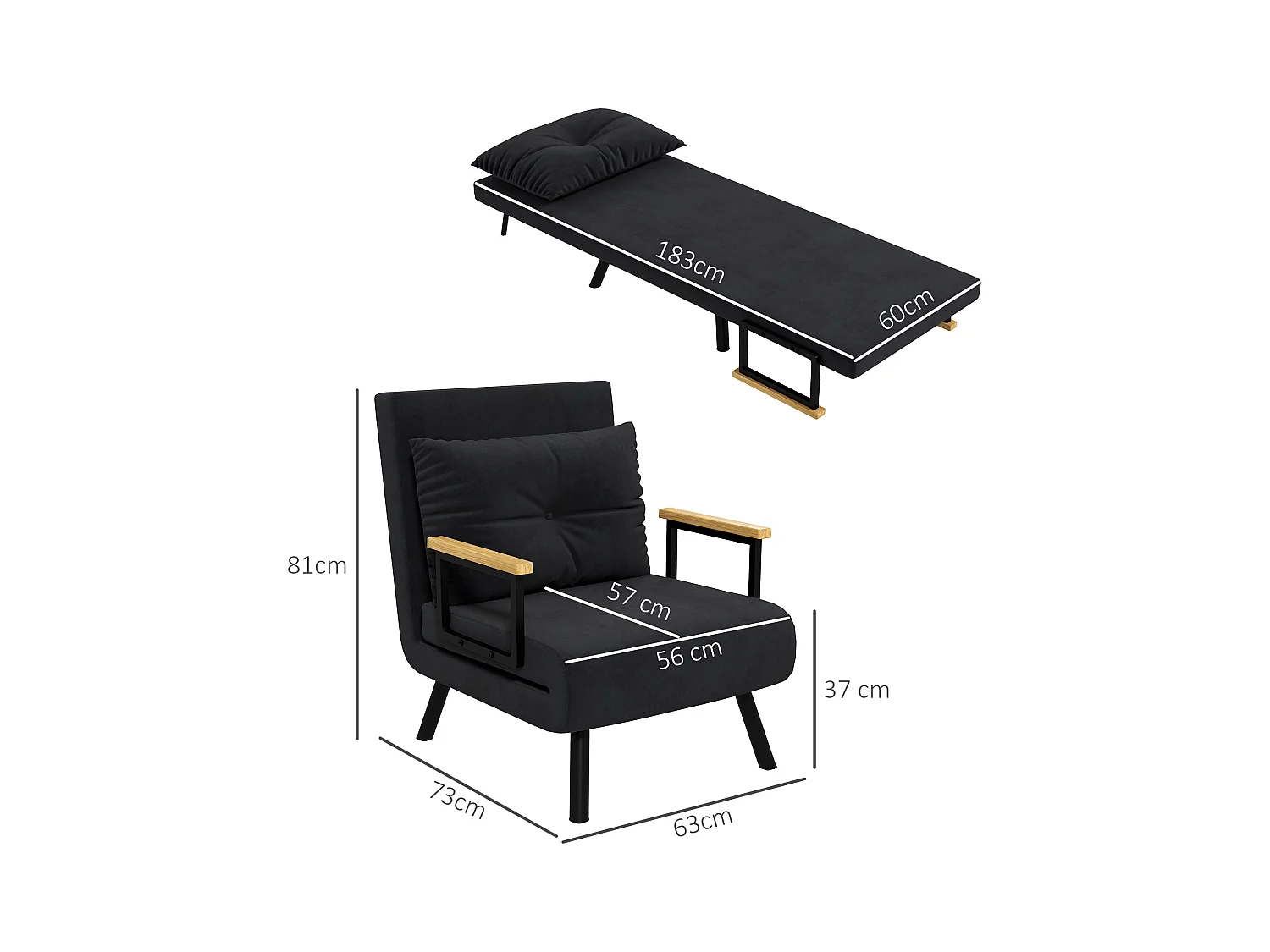 Fauteuil convertible 3 en 1 chauffeuse lit dossier réglable coussin accoudoirs bois velours noir