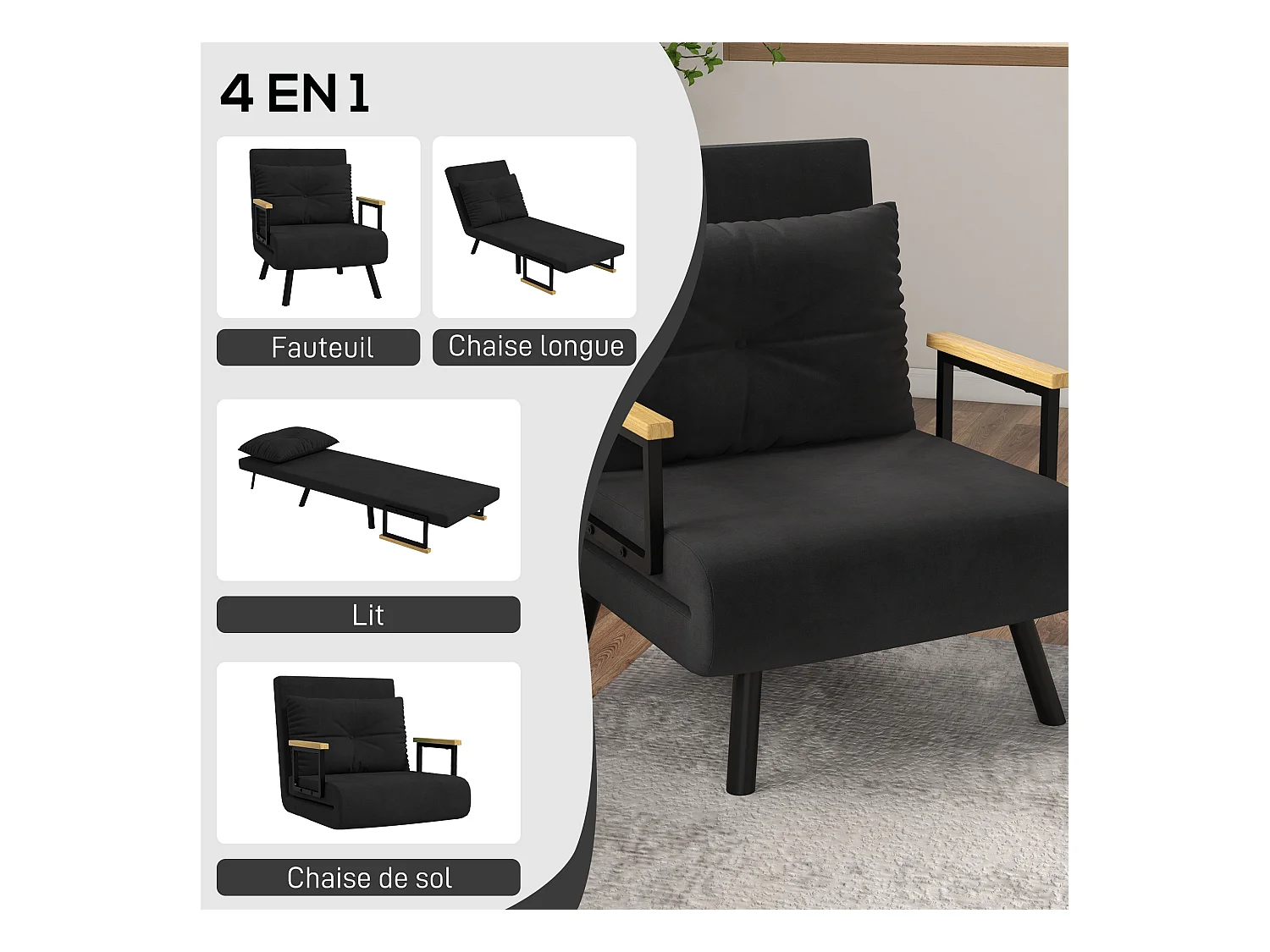 Fauteuil convertible 3 en 1 chauffeuse lit dossier réglable coussin accoudoirs bois velours noir