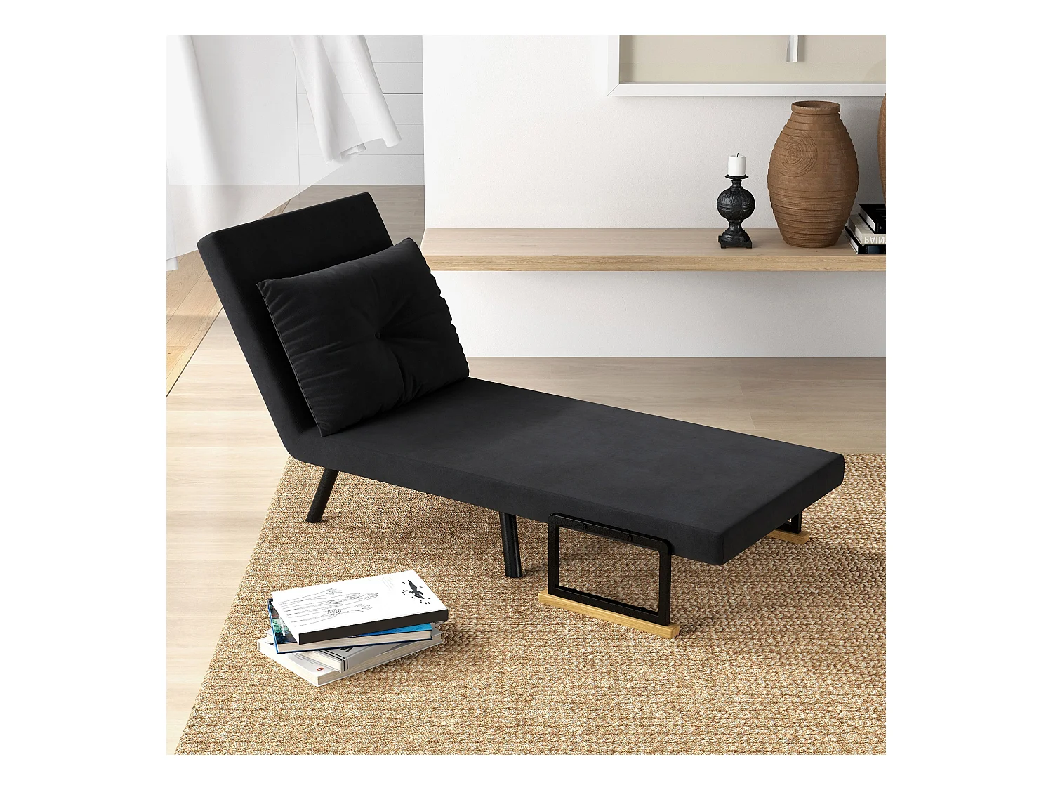 Fauteuil convertible 3 en 1 chauffeuse lit dossier réglable coussin accoudoirs bois velours noir